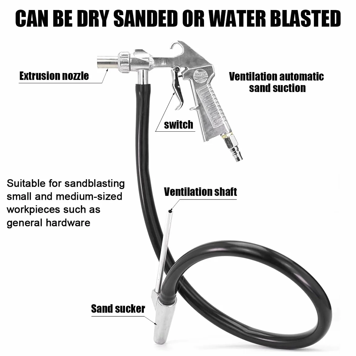 Pistolet Sablage Air Comprimé, Pistolet de Sablage en Aluminium, Kit Sablage avec 4 buses et Tuyau d'Alimentation de 1 M, Raccord d'Air, pour Graver Le Métal, Le Verre et d'autres Surfaces
