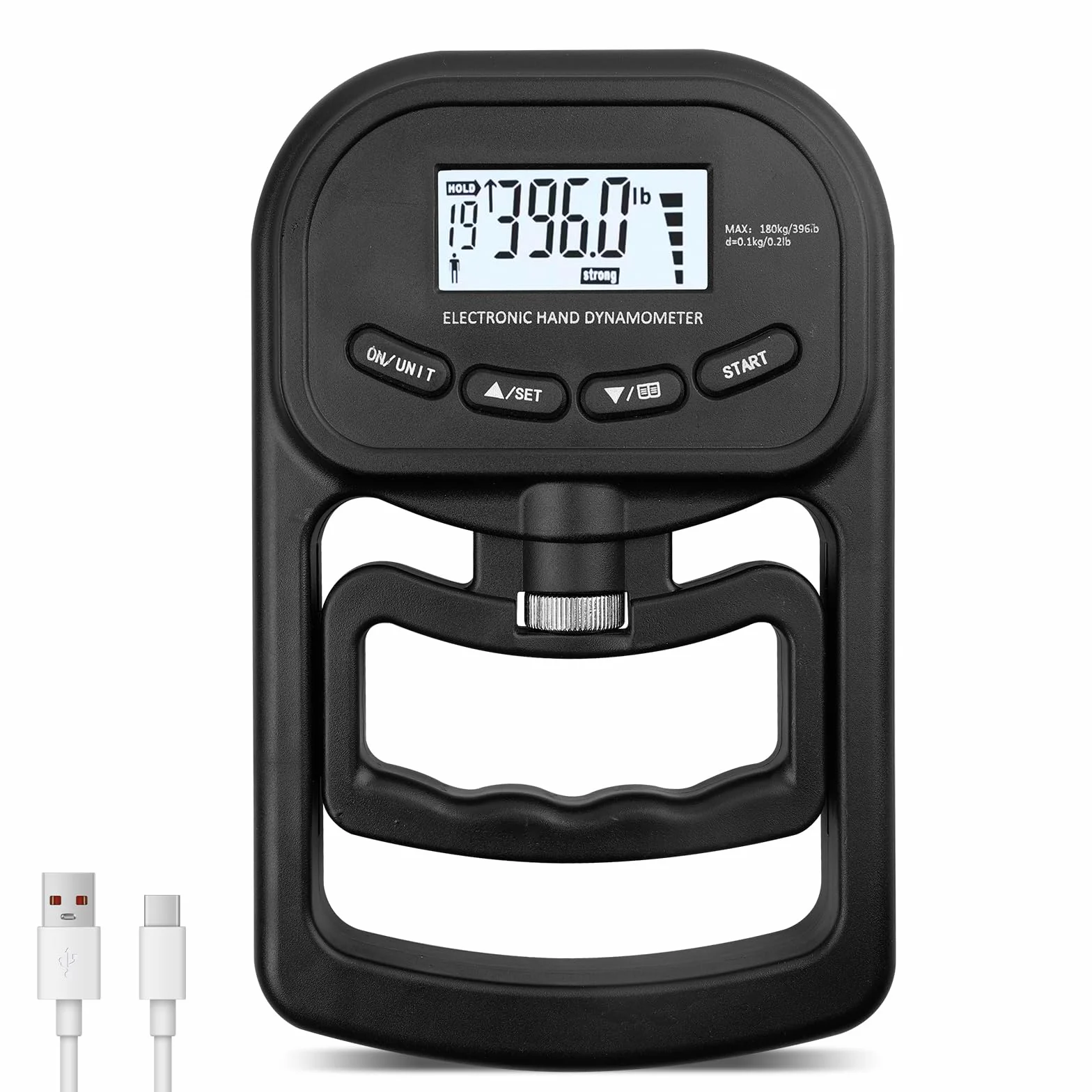 Appareil de force portatif numérique : dynamomètre manuel 180 kg, compteur de force de préhension électronique, écran LED, entraînement de force avec câble de charge USB, appareil de force de