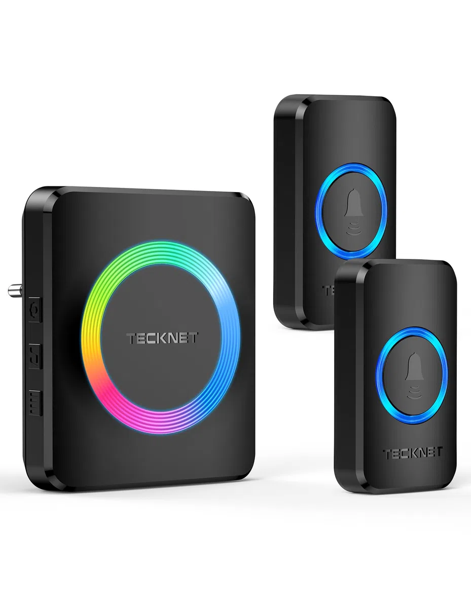 TECKNET Sonnette sans Fil Exterieur Etanche, Sonnette sans Fil Portée 600m, Kit de Sonnette avec 1 Récepteur Enfichable et 2 émetteurs, Indicateur RVB, 60 Mélodies, 5 Niveaux de Volume