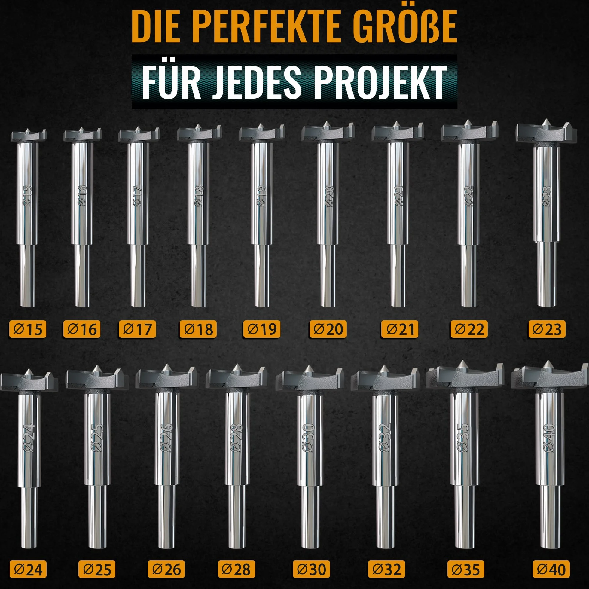 Hinrichs Kit de Forets Forestières 17 Pièces en Coffret en Plastique - Kit de Mèches à Bois 15 à 40 mm - Kit de Forets Forestières Foret à Trous de Fraisage - Fraise à Trou Mèche à Noeuds