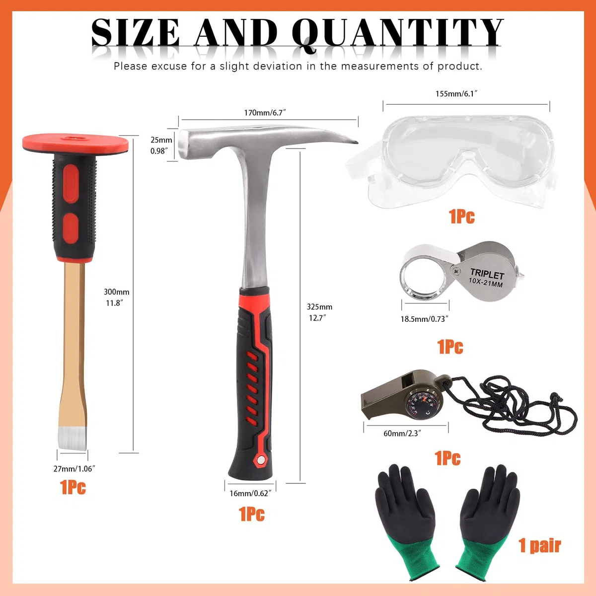 Tanstic Kit de géologie 6 pièces, marteau 850,5 g, burin 30,5 cm, sifflet, lunettes de sécurité, loupe bijoutier, gants