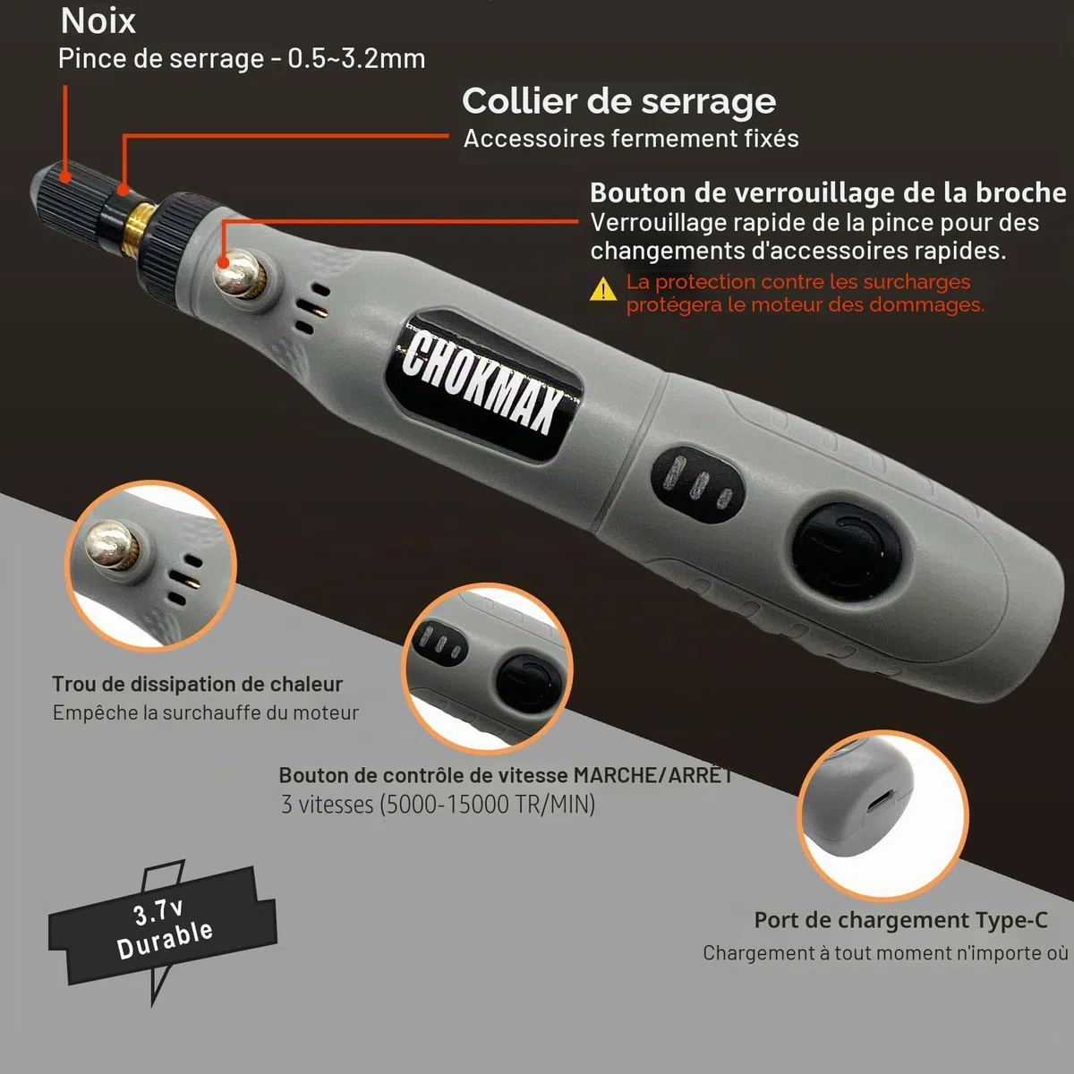 Outil rotatif sans fil 3 vitesses, kit avec 72 accessoires pour nettoyage, ponçage, polissage, perçage et petits travaux manuels