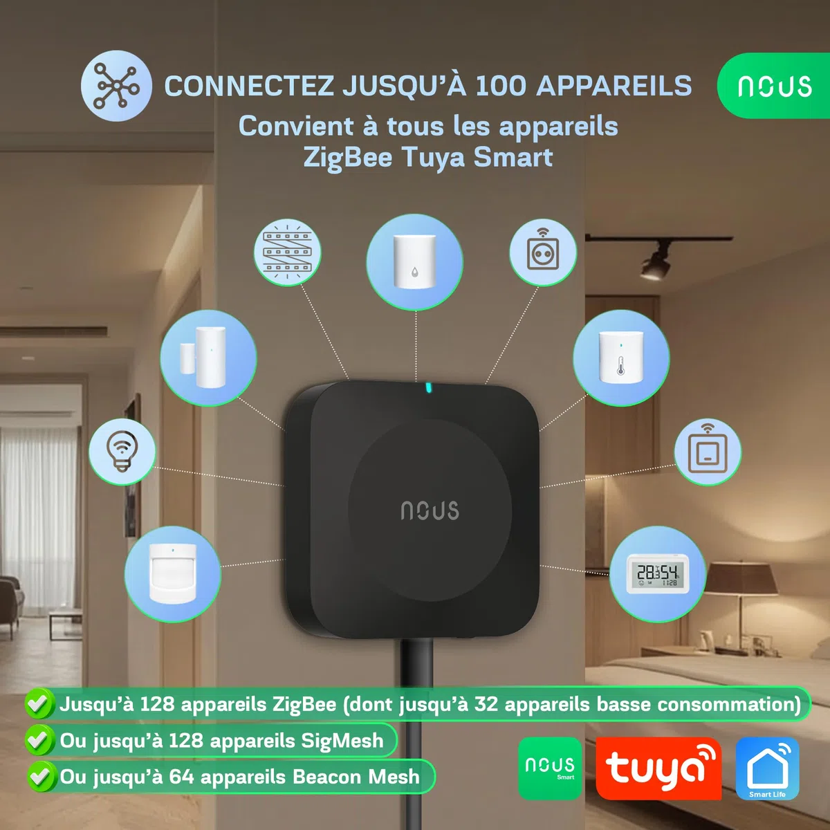 NOUS E15 Passerelle ZigBee 3.0 Smart Gateway 2.4/5 GHz, Hub Domotique, Contrôle via App, Compatible Alexa & Google Home, Jusqu’à 128 Appareils, WiFi Double Bande