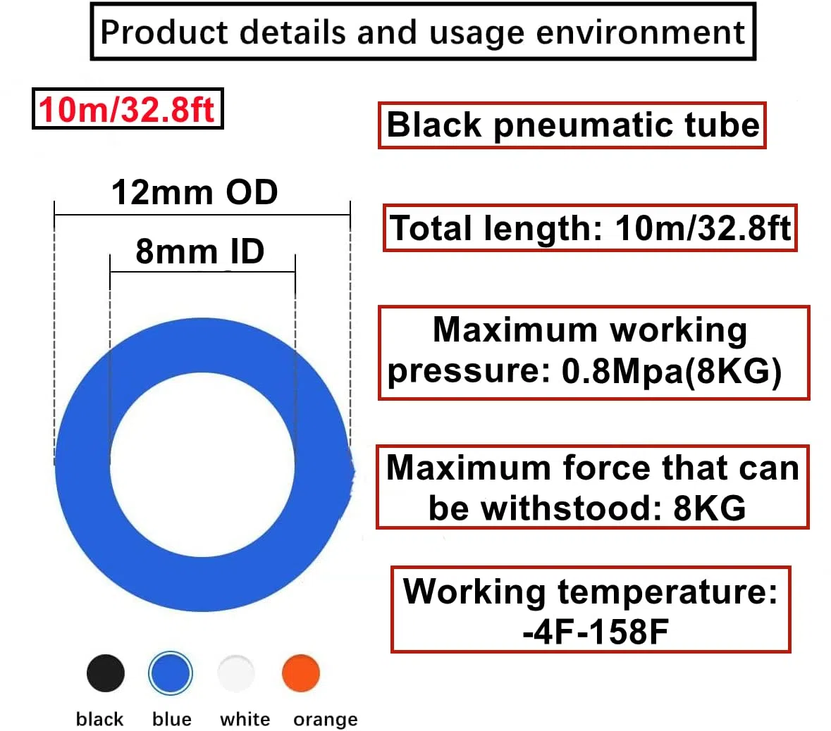10 Meter Noir Pneumatique Tuyau Air Comprimé,Polyuréthane PU Air Tuyau Kit 12mm OD x 8mm ID 32.8ft,avec 14 Connecteur Pneumatique (Y/T/L/I)
