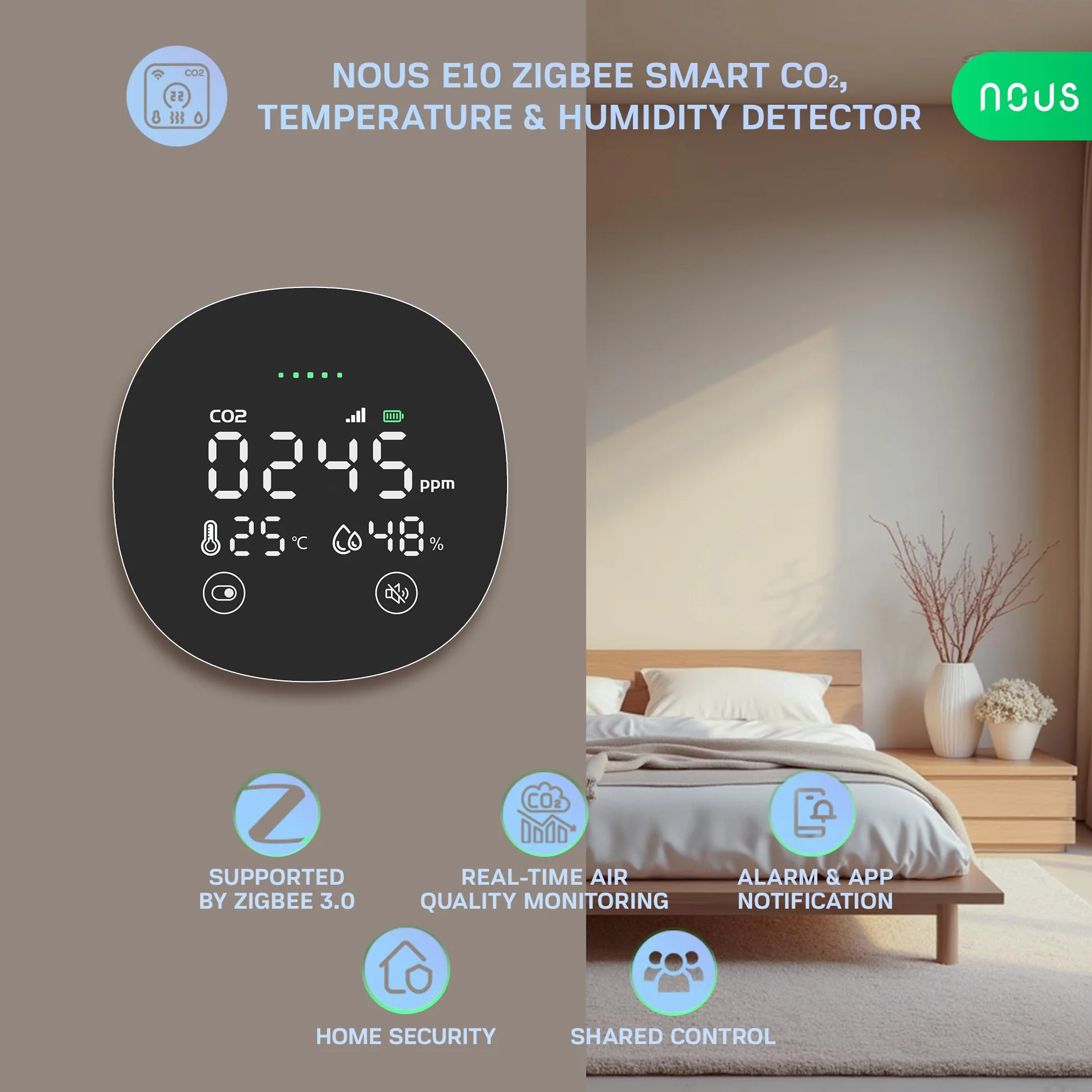 NOUS E10 Détecteur ZigBee CO2 avec Capteur de Température & Humidité, Moniteur Intelligent de Qualité de l’Air, Écran LED, Alertes Sonores&App, Suivi en Temps Réel, Zigbee 3.0, Compatible Alexa & Tuya