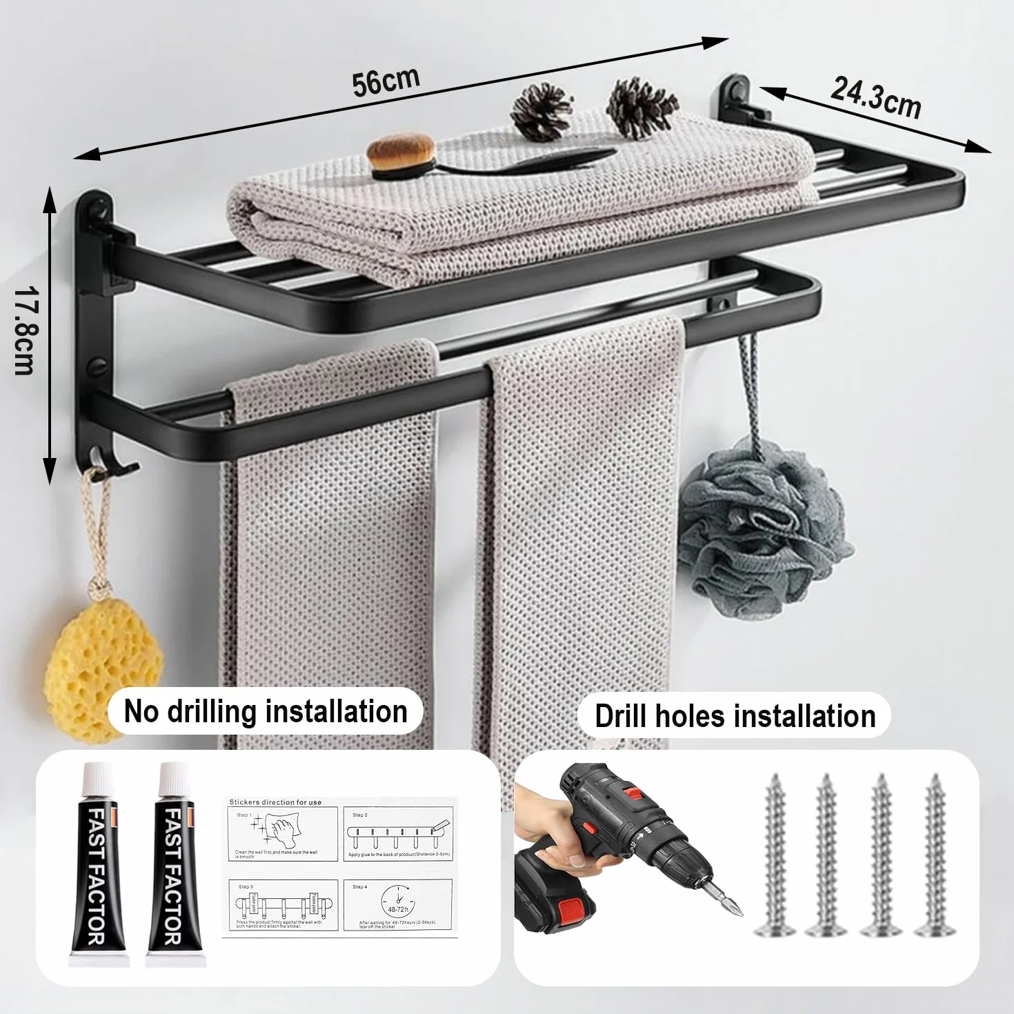 Porte Serviette Salle de Bain, Porte Serviette Murale, Porte Serviette sur Pied Accessoire Salle de Bain, Porte Serviette Salle de Bain sans Percage, Seche Serviette Porte-Serviettes Noir