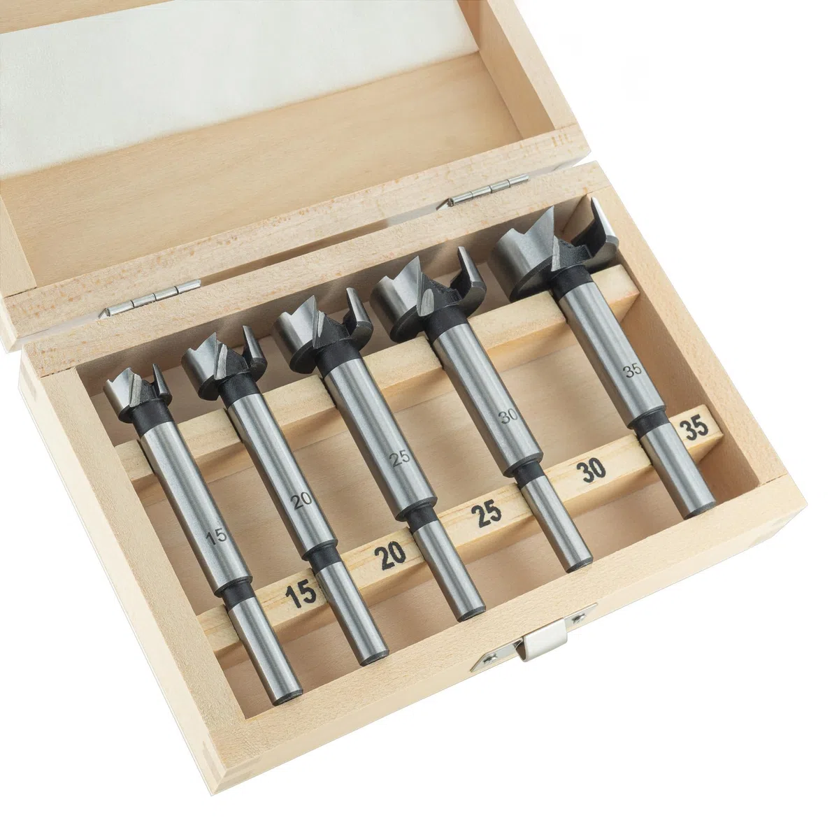 ENT 25100 Set de 5 mèches Forstner Ø 15–35 mm en acier à outils, pointe de centrage, pour trous borgnes, dans coffret en bois