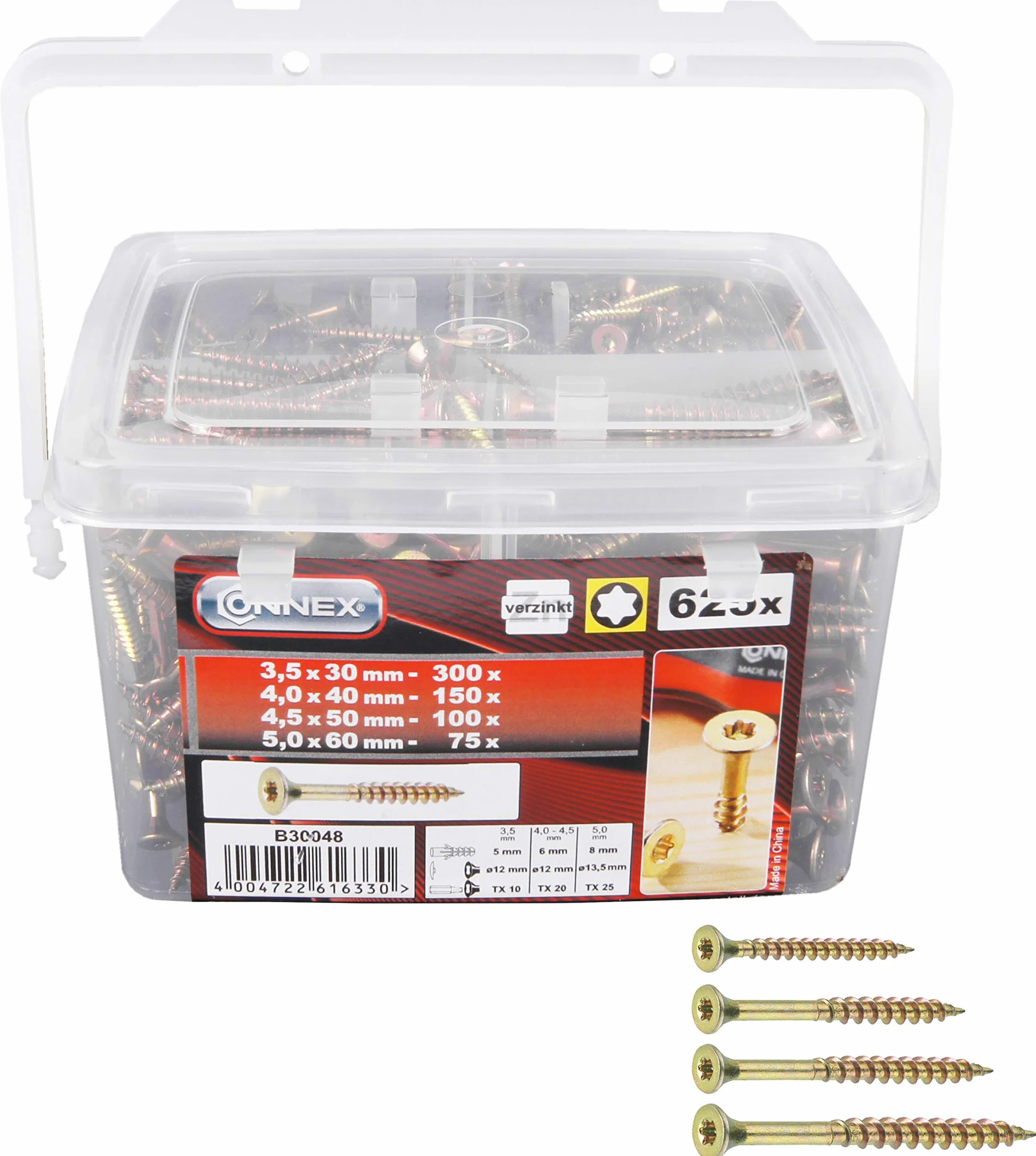 Connex B30048 Lot de 625 Vis universelles 4 tailles TX galvanisées