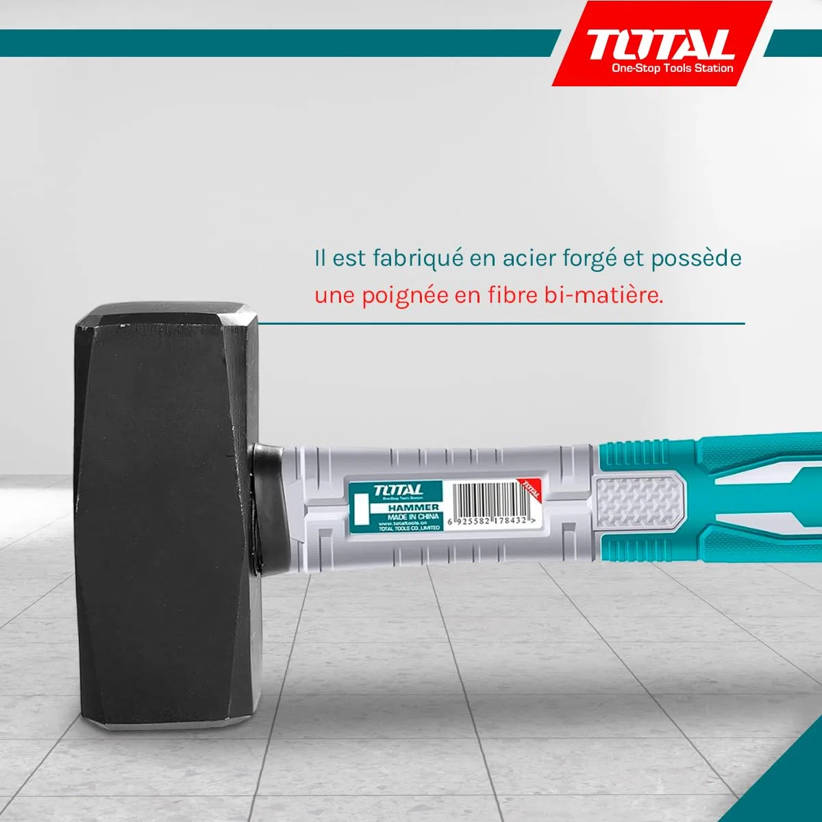 Total Tools - Massette en Acier - 1000 g - Idéal pour la Construction et la Maçonnerie - Haute Résistance aux Chocs - Manche en Fibre Ergonomique - Tête en Acier au Carbone Forgé