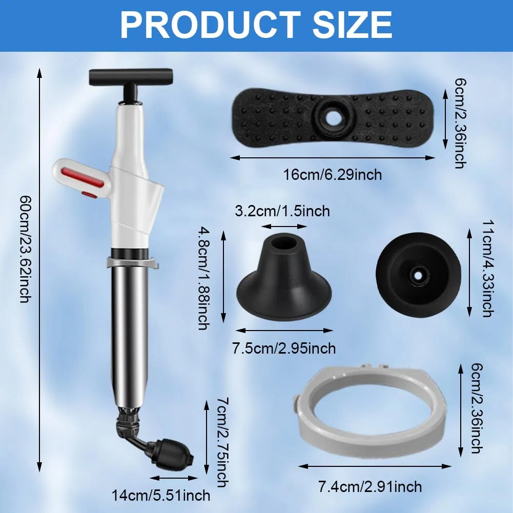 Kit de débouchage haute pression avec indicateur de pression d'air, pompe à air comprimé avec 4 embouts, déboucheur universel pour toilettes, lavabo et douche