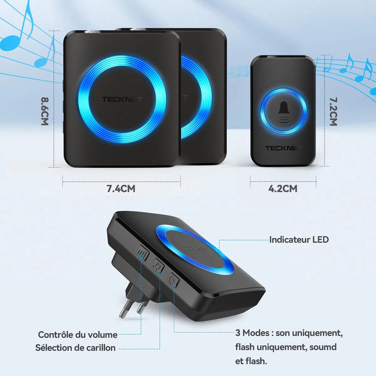 TECKNET Sonnette sans Fil, IP65 Exterieur Étanche Carillon 400 Mètres Two Récepteur Sonnette Electronique, 60 Mélodies 5-Niveaux LED Bleu, pour Maison, Hôtel, Urgence