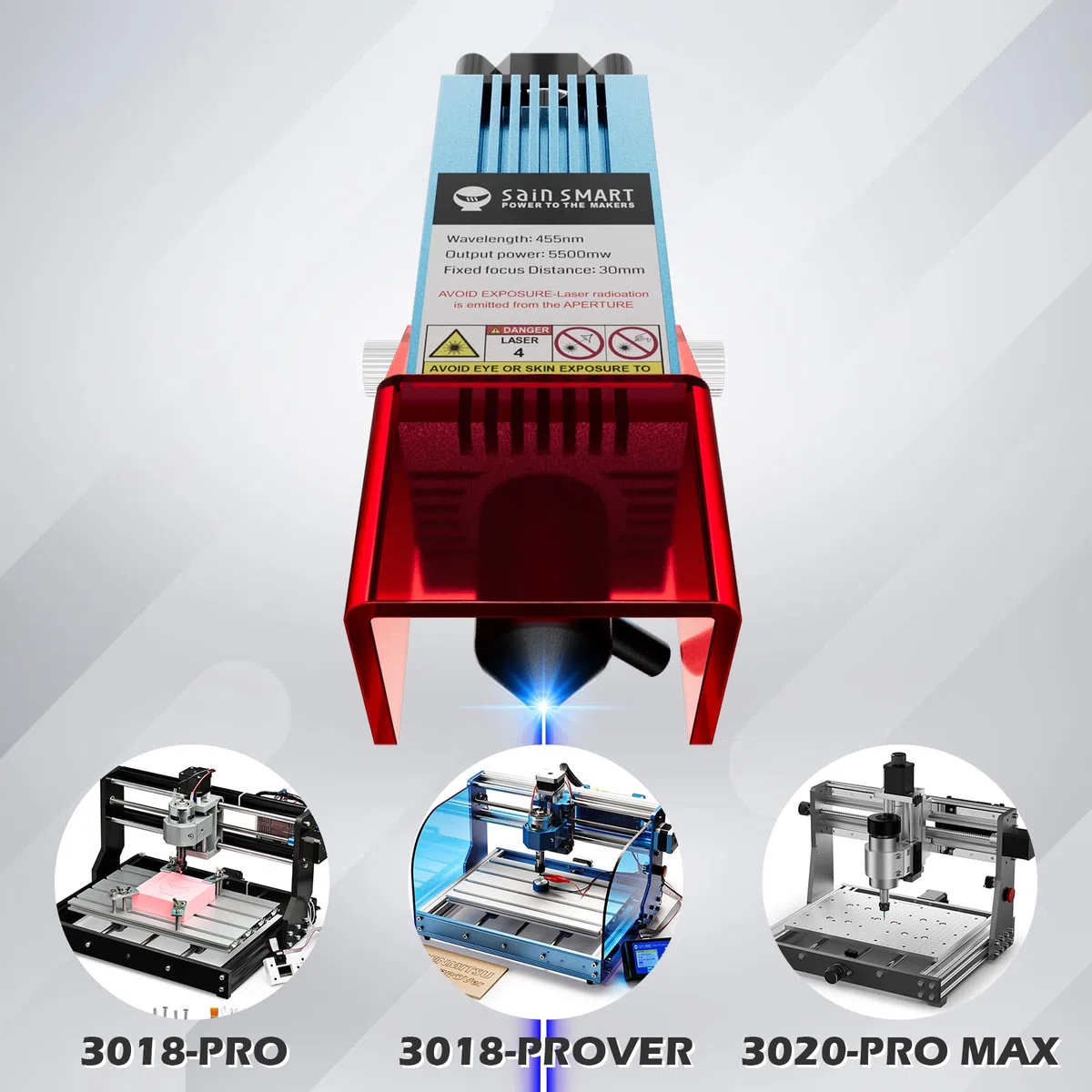Module laser Genmitsu CFL55P 5,5 W FAC avec buse à assistance pneumatique et spot laser de 0,1 mm pour machines CNC 3018-PRO, 3018-PROVer, 3018-PROVer V2 et 3020-PRO MAX