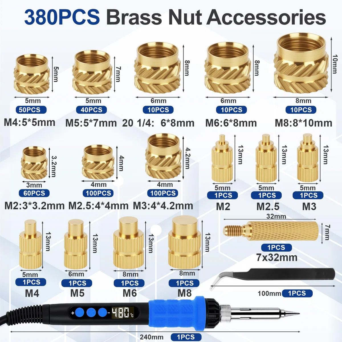 390 Pièces Inserts Filetés,Fer à souder LED 90W avec température réglable avec 380 pièces M2-M8 Insert Fileté Metal Pour Composants d'Impression 3D et Pièces en Plastique