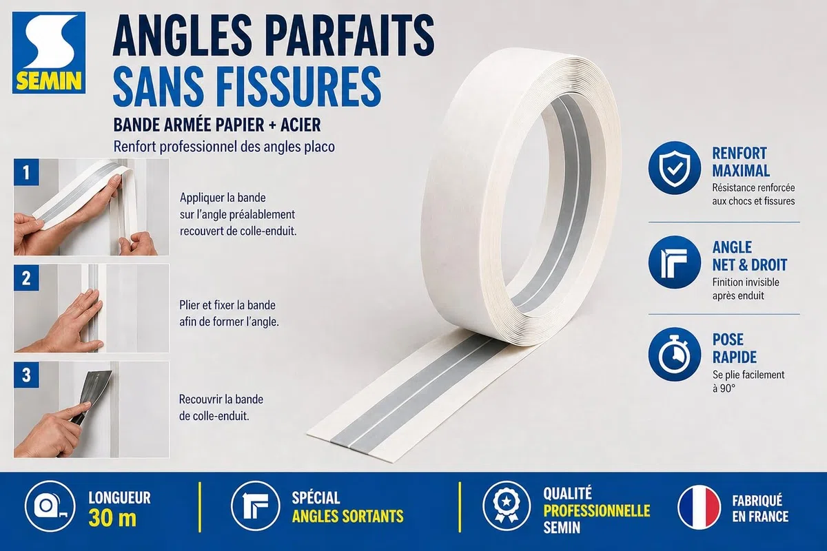 Semin Bande Armée Angle Placo 30 m – Renfort Angles Sortants Plaques de Plâtre – Papier & Acier – Finition Invisible – Bande à Joint Professionnelle