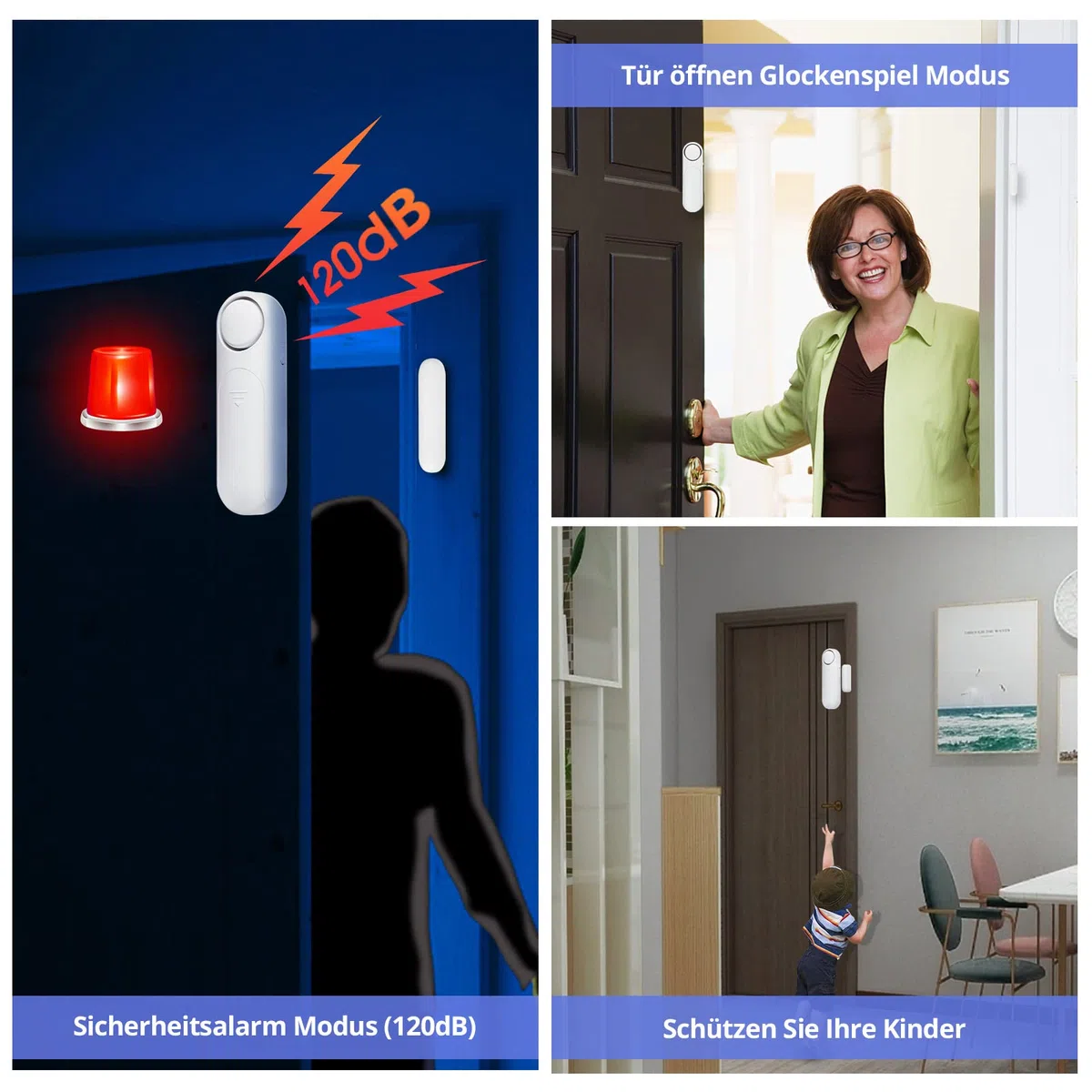 TOWODE Alarme de Porte, Alarme sans Fil 120dB pour Porte, Fenêtre et Détecteur de Contact avec Télécommande 3 Modes pour la Sécurité