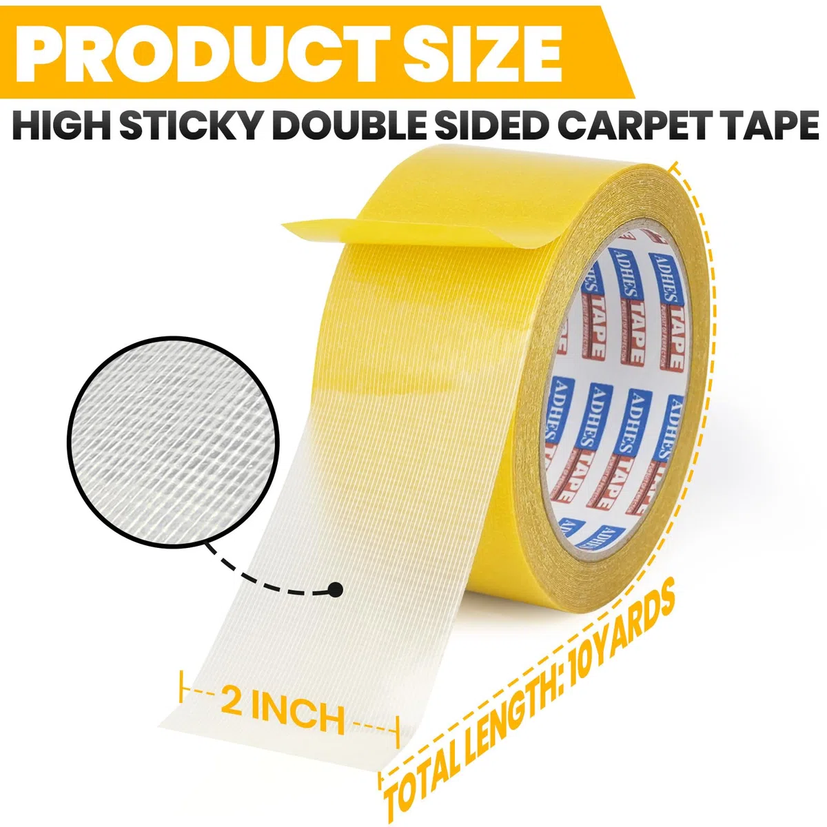 ADHES TAPE PURSUIT OF PERFECTION Adhésif pour tapis Ruban double face moquette et autres fixations,5cm x 9m, jaune/Lot de 4