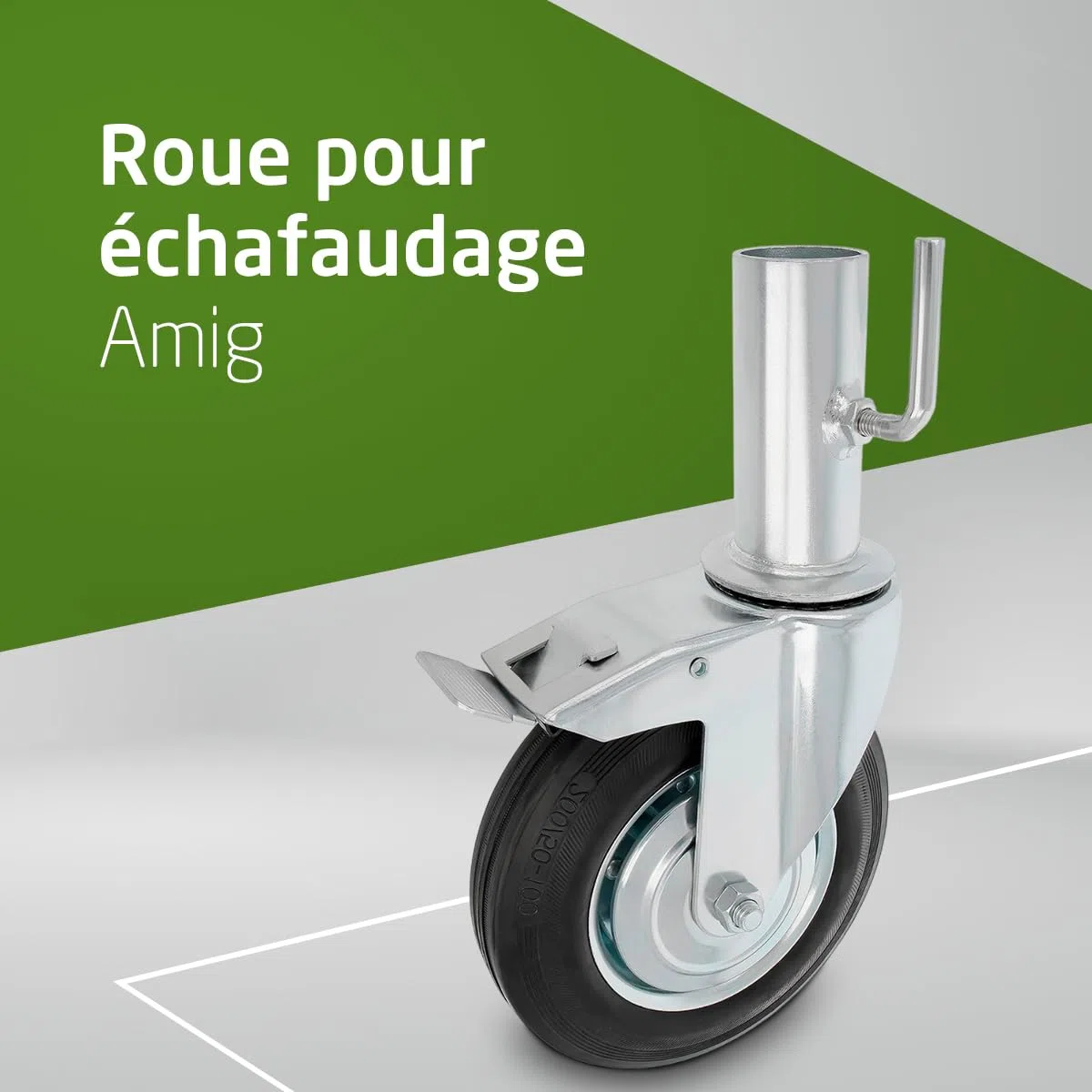 Amig - Roue Échafaudage Femelle | Avec Frein | Ø200 mm | Noyau Métallique et Bande de Caoutchouc | Roulements à Rouleaux | Spécialement Conçue pour une Utilisation Industrielle | Noir