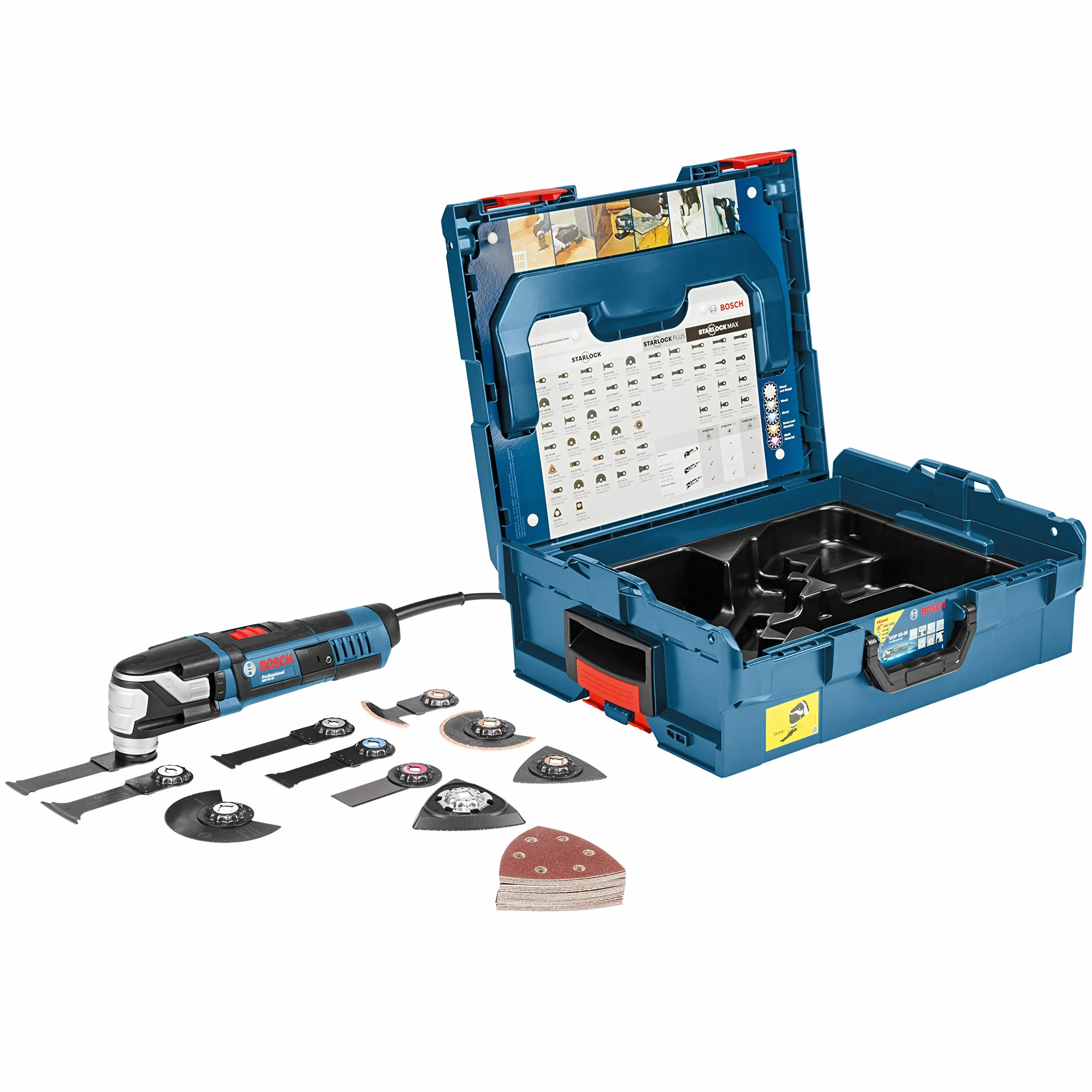 Bosch Professional découpeur-ponceur GOP 55-36 (porte-outil Starlock, puissance 550 W, 9 lames plongeantes, 25 feuilles abrasives, 2 lames segments, 1 plateau ponçage, L-BOXX)