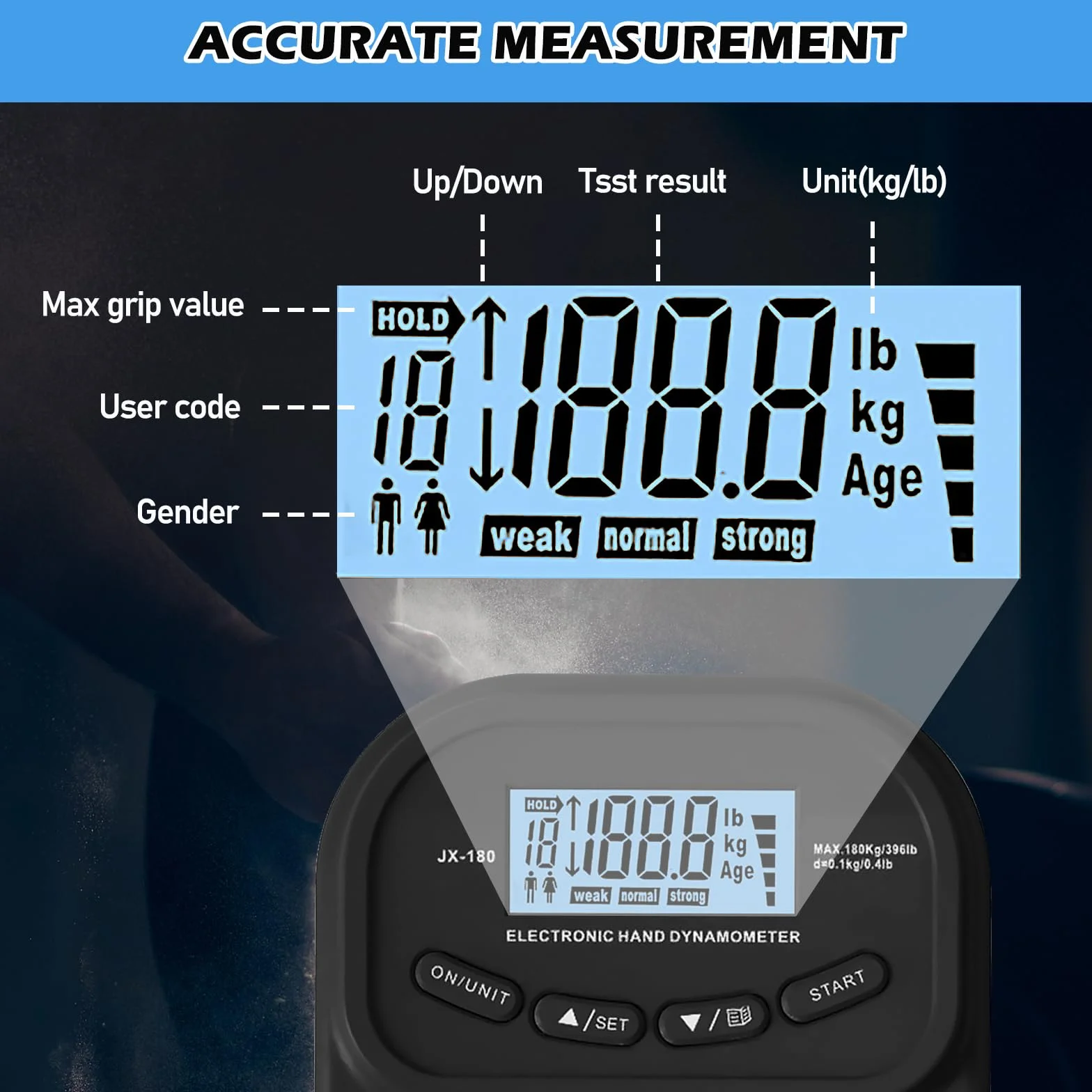 Vegena Dynamomètre de Force Manuelle, 198 Livres/90 Kilogrammes, Dynamomètre de Préhension avec Affichage LED et Câble de Chargement USB, Appareil de Mesure de La Force de La Main