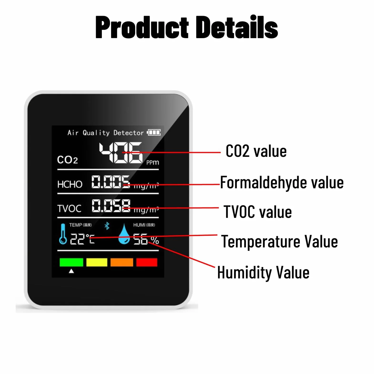 Détecteur de CO2 ABS Moniteur de qualité de L'air Intérieur à Piles 5 en 1 Dioxyde de Carbone HCHO TVOC Temp Humi Mètre