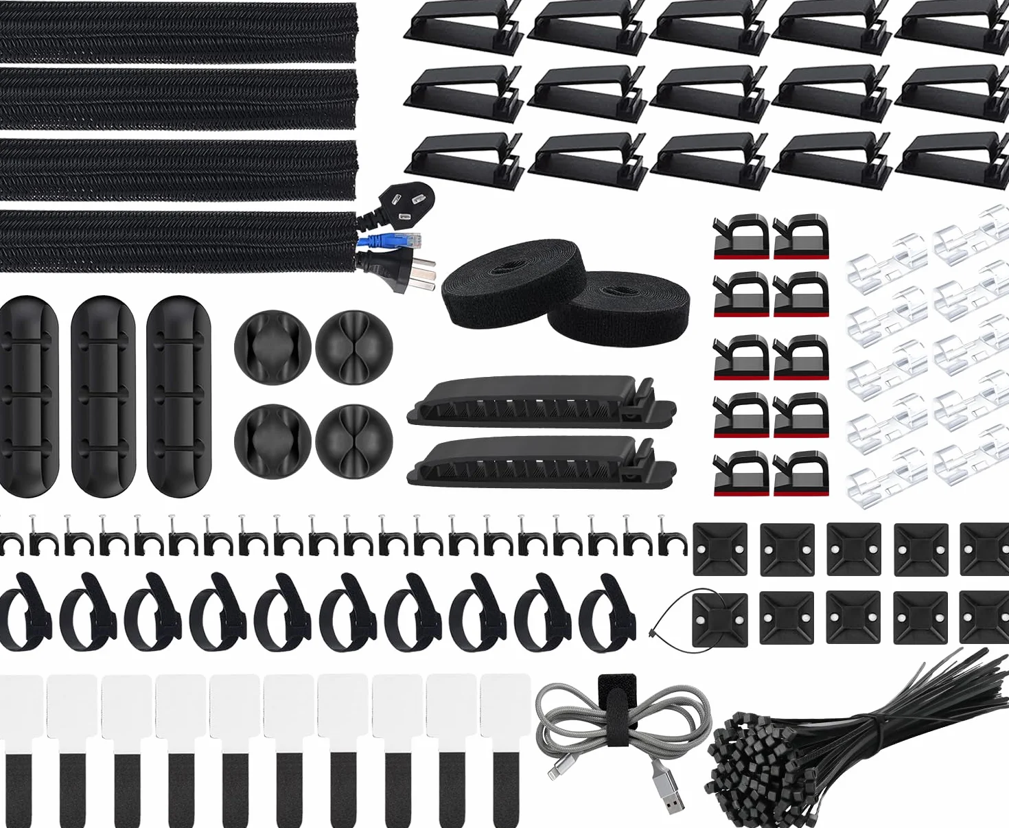 SOULWIT 200 Pièces Kit de Gestion des Câbles, 4 Manchon de Câble Gaine, 3 Clips Câble Organisateur Bureau, 10+2 Attache Câble Organisateur Rallonge, 15 Clips Câbles Adhésifs, 100 Serre Câbles