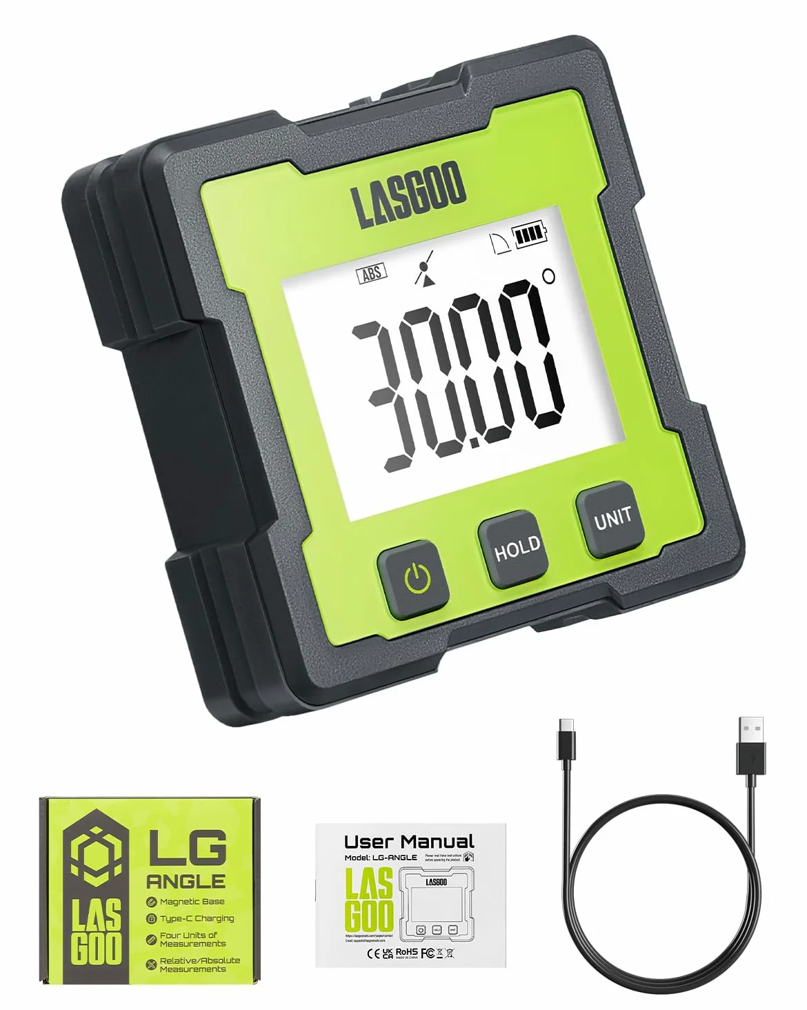LASGOO Mesureur d'angle numérique, Inclinomètre magnétique rechargeable avec écran LCD, 4 unités de mesure pour la menuiserie, le bâtiment, la maçonnerie et l'automobile