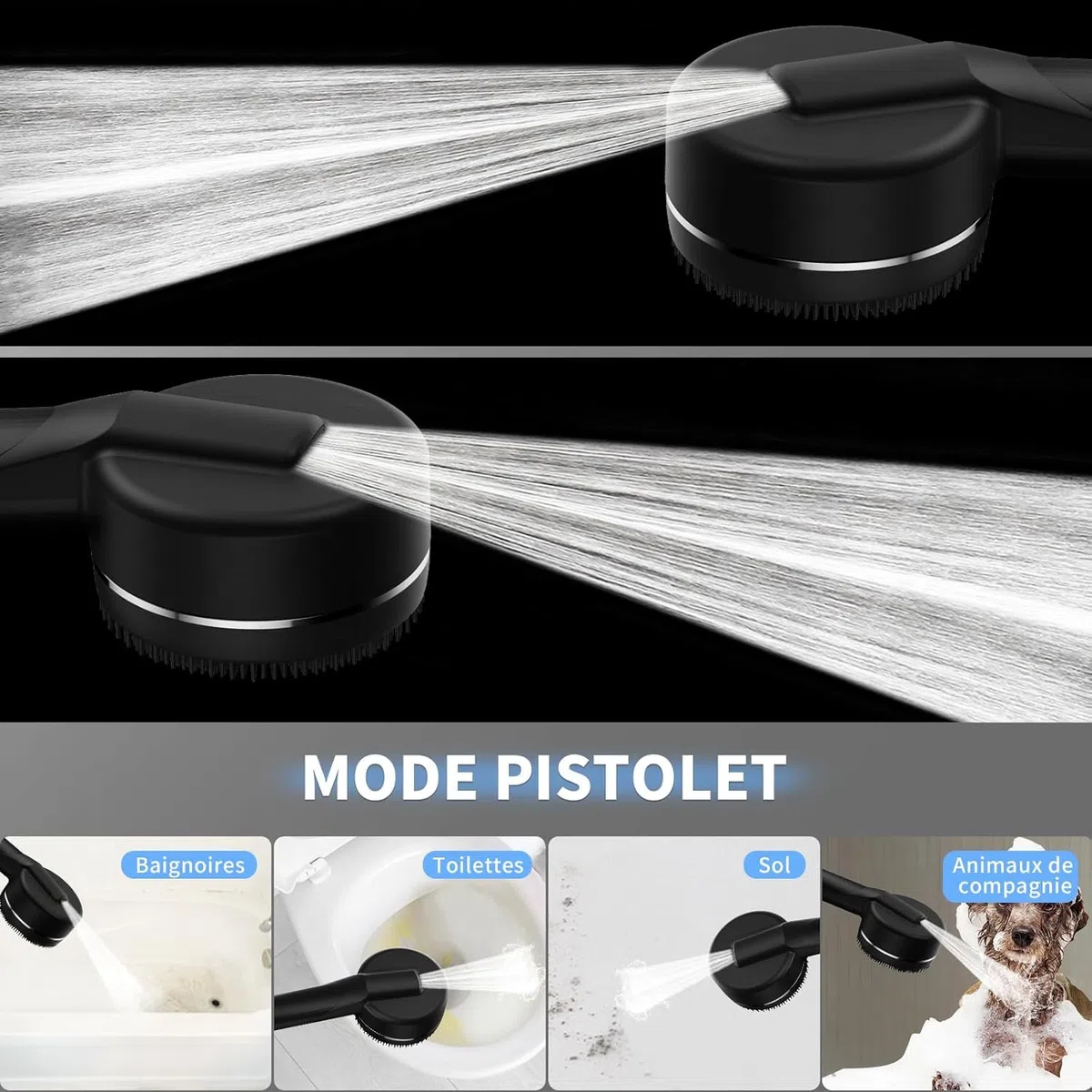 Pommeau deouche Haute Pression, Pommeau Douche Economie Deau 4 Types de Jets Pommeau de Douche Anti Calcaire avec Tuyau Douche 1.5M et Support de Douche, avec Bouton D'arrêt D'eau,Noir