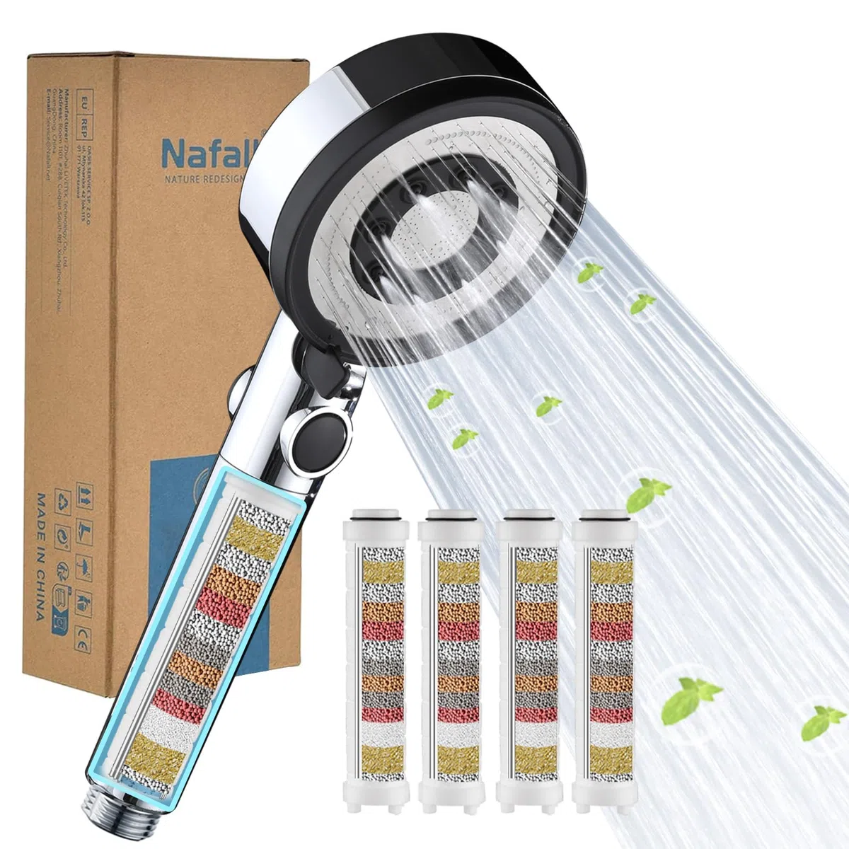 Pommeau Douche avec 4 Pp Filtres - Pommeau De Douche Haute Pression Anti Calcaire, Douchette Douche Salle de Bain avec 5 Modes de PulvéRisation, Chromé (Sans Tuyau ni Support)