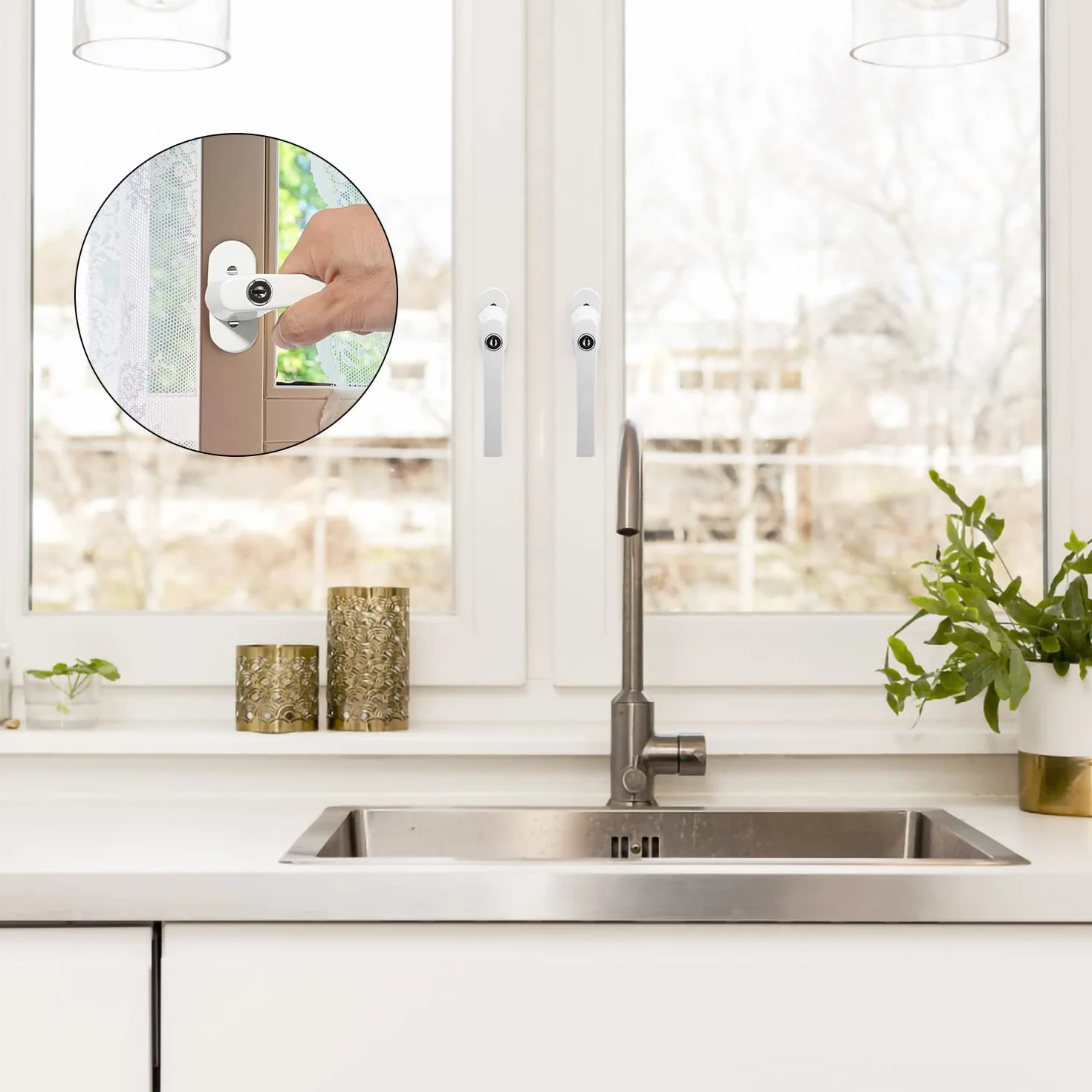 Jopassy Lot de 8 poignées de fenêtre en aluminium - Blanc - Verrouillables - Avec serrure et clé - Sécurité enfant - Longueur de tige : 35 cm - Fermeture identique - Poignée de porte de balcon Windows