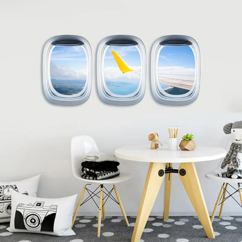 CLISPEED Lot de 3 feuilles d'autocollants muraux amovibles pour fenêtre d'avion - Matériau pour la maison, le bureau, la décoration murale d'avion pour chambre à coucher, salon