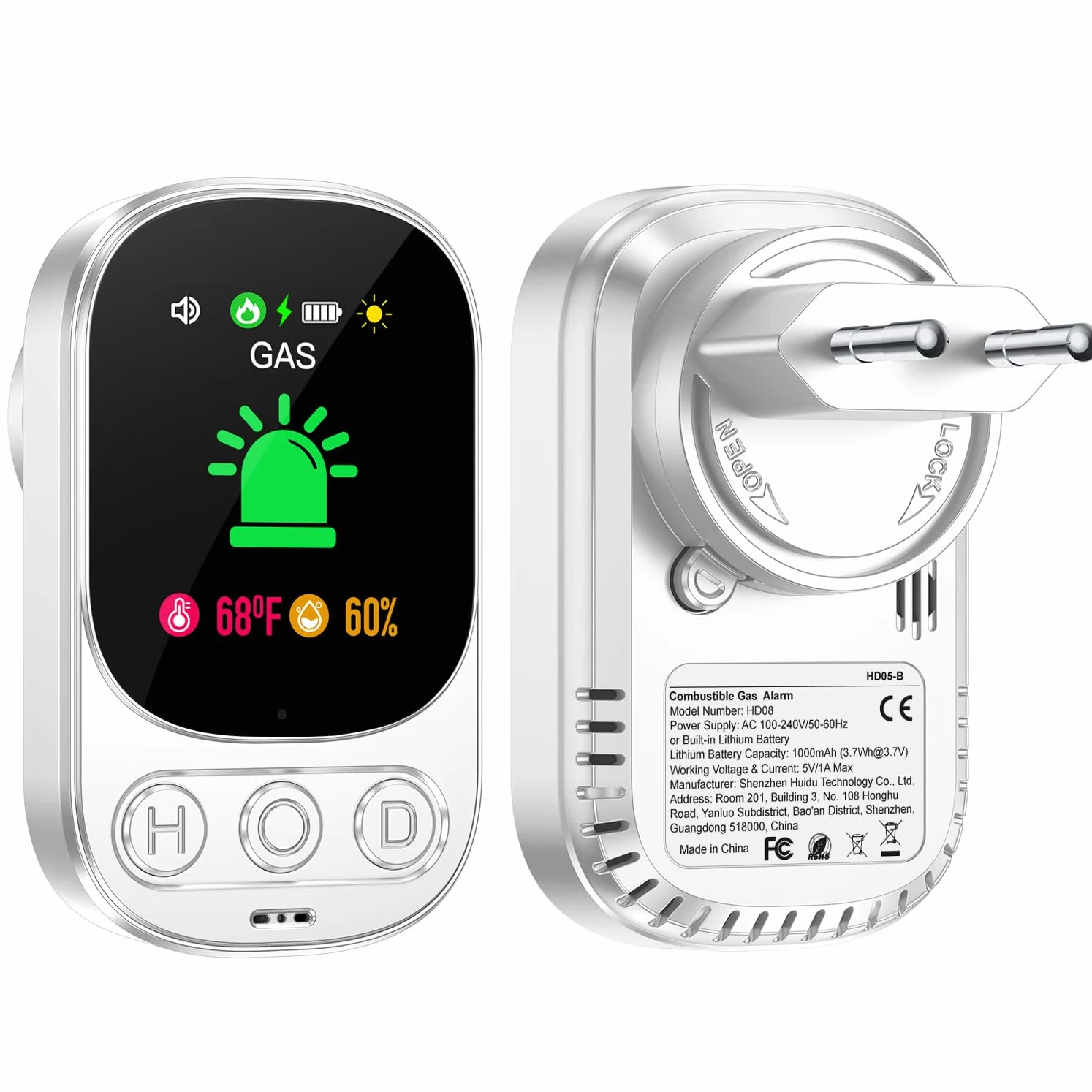 Détecteur de Gaz Combustibles avec Prise pour Maison, Alarme de Gaz, Détecteur de Fuite de Gaz pour Gaz Naturel LPG Méthane Propane Butane, avec Batterie Rechargeable, Blanc, HD05-B