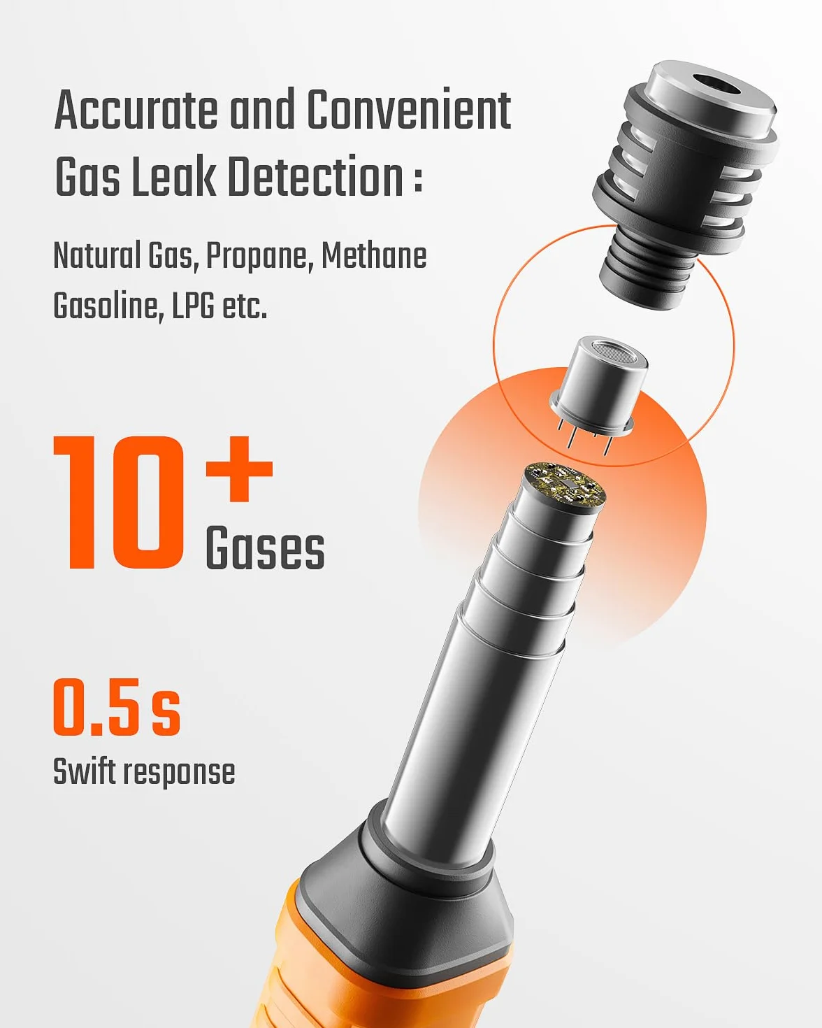 Détecteur de Gaz Naturel, TopTes PT299 avec Tige Extensible, Appareil Portable pour Fuites de Gaz Combustibles comme Le Méthane et Le Propane dans la Maison ou Le VR (2 Piles Incluses) - Orange