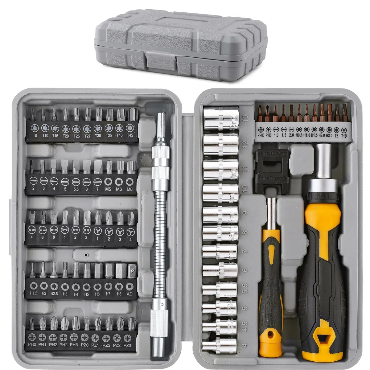 Hi-Spec Coffret de 79 pièces Embouts de Vissage Multiples et Douilles 1/4 pouce avec Poignées. Extension Flexible Embouts de Précision Torx et Antivol 1/4 pouce Hex le tout dans une Mallette