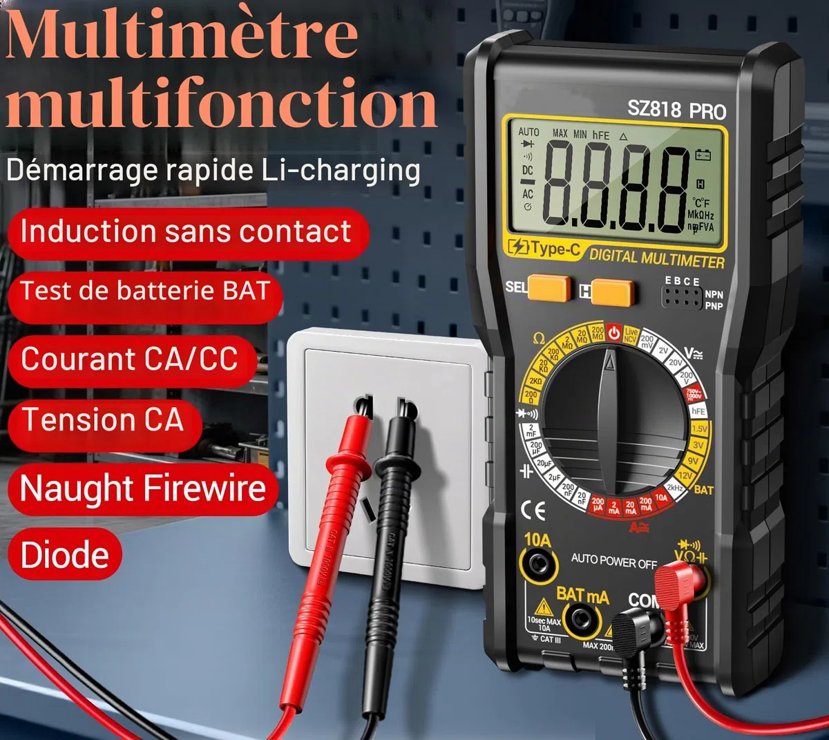 Multimètre numérique rechargeable - Multimètre numérique intelligent - Testeur de tension électrique - Batterie intégrée - Fonction de détection NCV - AC/DC - Résistance - Capacité - Fil neutre