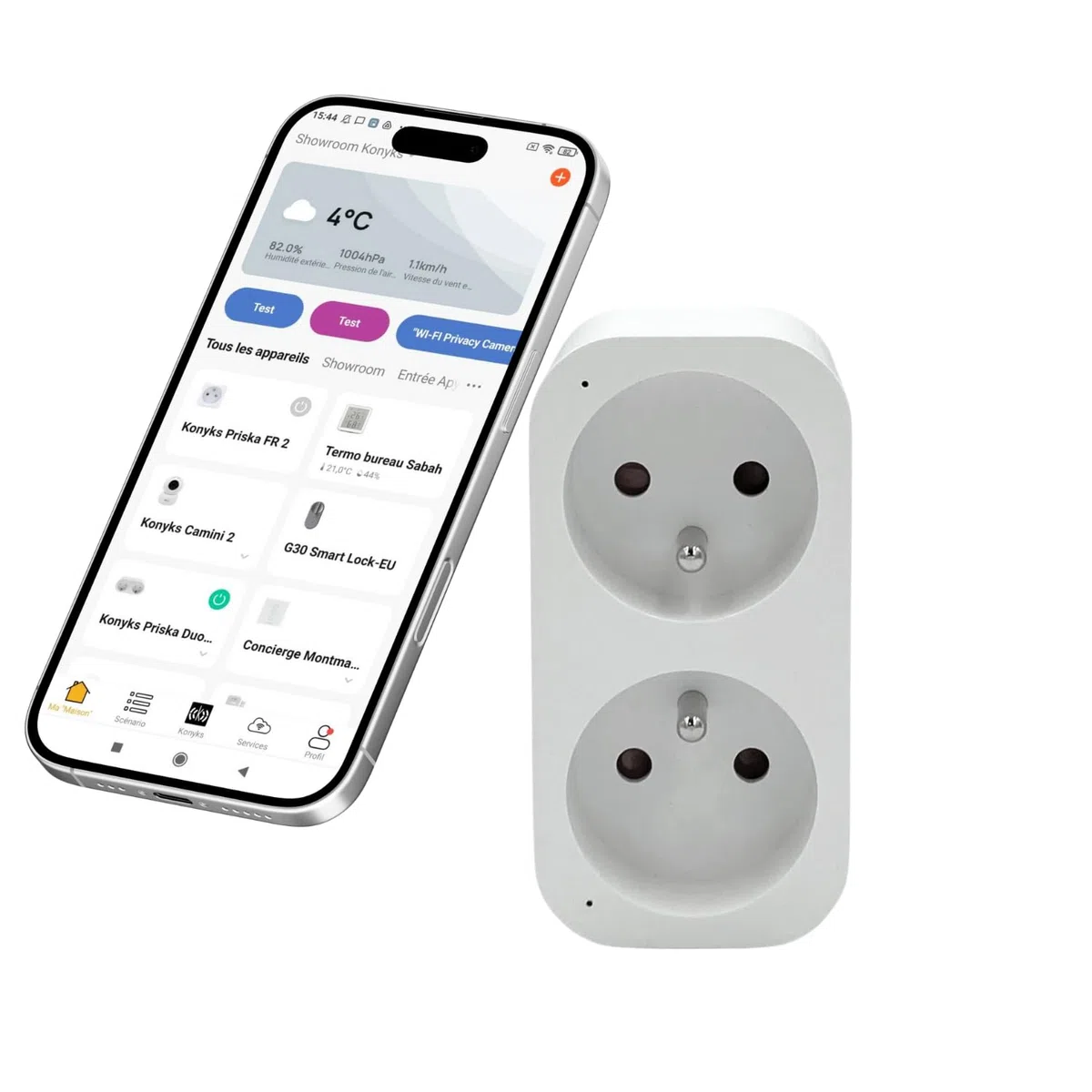 Konyks Priska Duo FR prise double Wi-Fi + BT, contrôle ON/OFF à distance, suivi de la consommation des 2 appareils simultanément, compatible Smartlife et Tuya, Amazon Alexa et Google Home