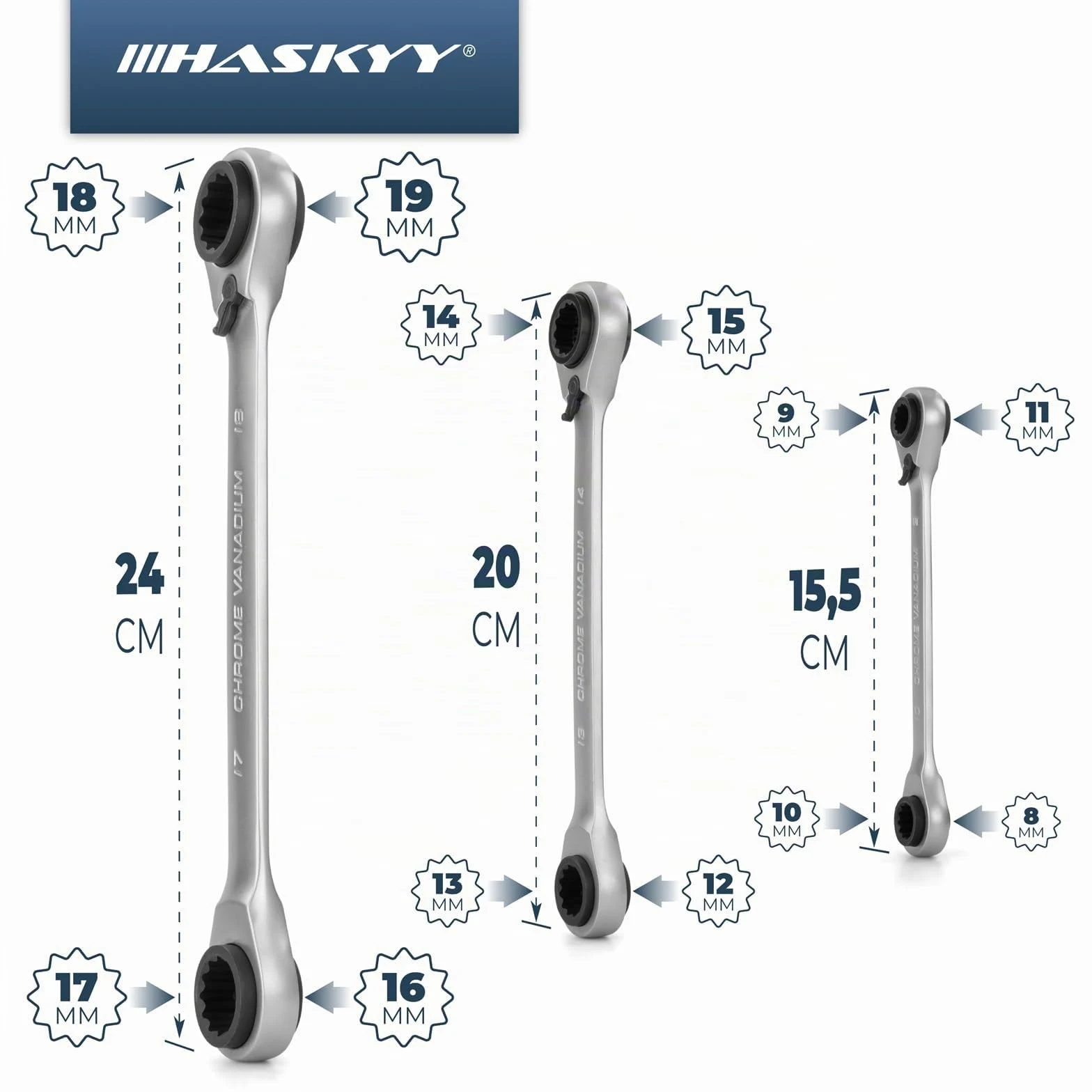 HASKYY Jeu de 3 clés à cliquet doubles SW 8-19 mm dans étui système I 8-10 x 9-11 I 12-13 x 14-15 I 16-17 x 18-19 Jeu de clés polygonales plates