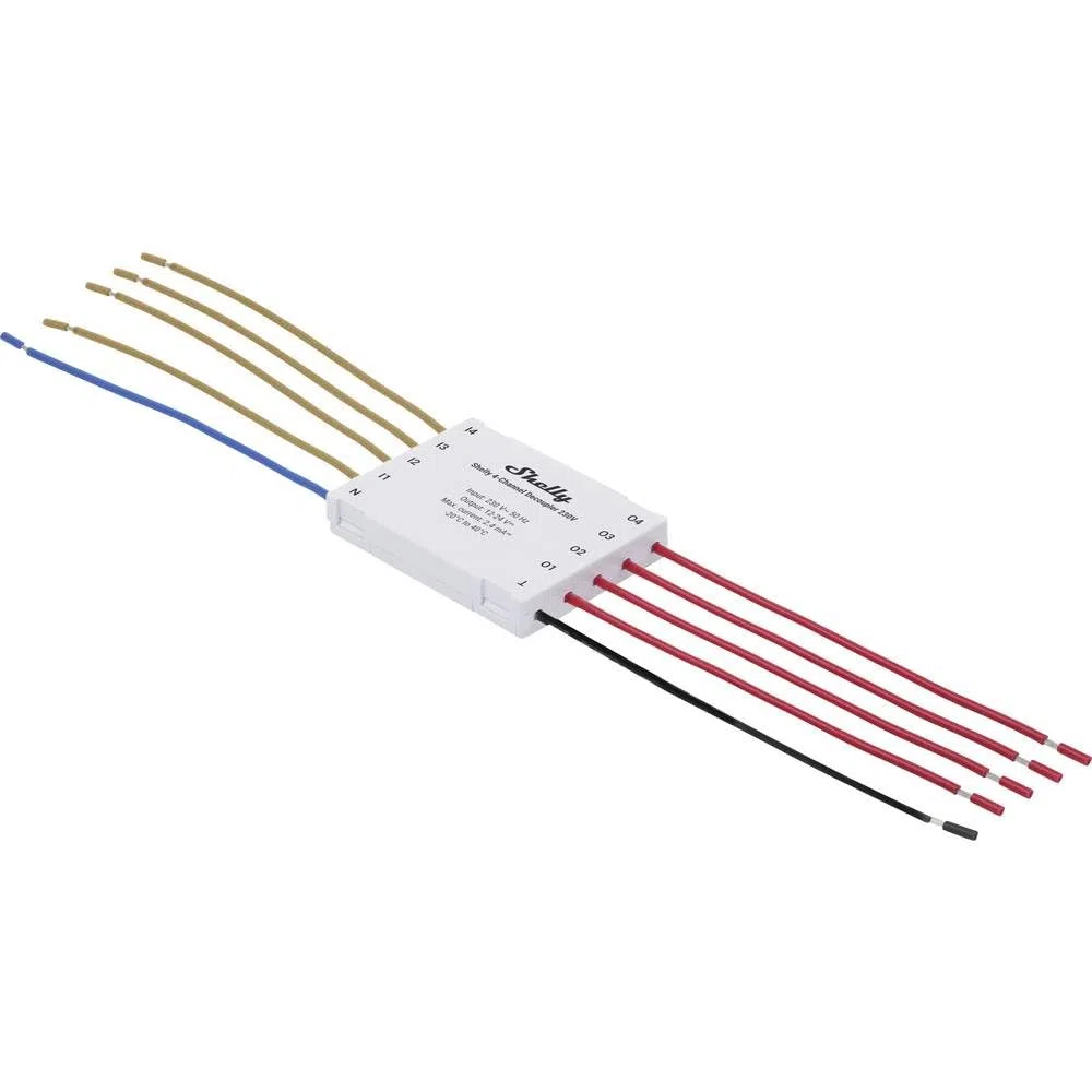 Shelly 4-Channel Decoupler 230V - Module Convertisseur de courant AC (120V-230V) vers DC (12/24V), 4 Canaux, Longueur 80 mm, Compatible avec les dispositifs Shelly