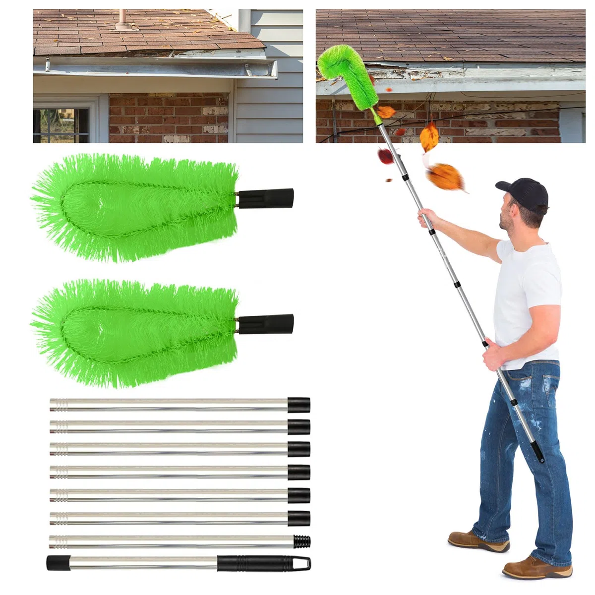 Outil de nettoyage de gouttière, perche telescopique nettoyage,brosse extensible longue portée, outil de nettoyage de gouttière pour gouttière de toit | Longueur totale – 310 cm (Vert)