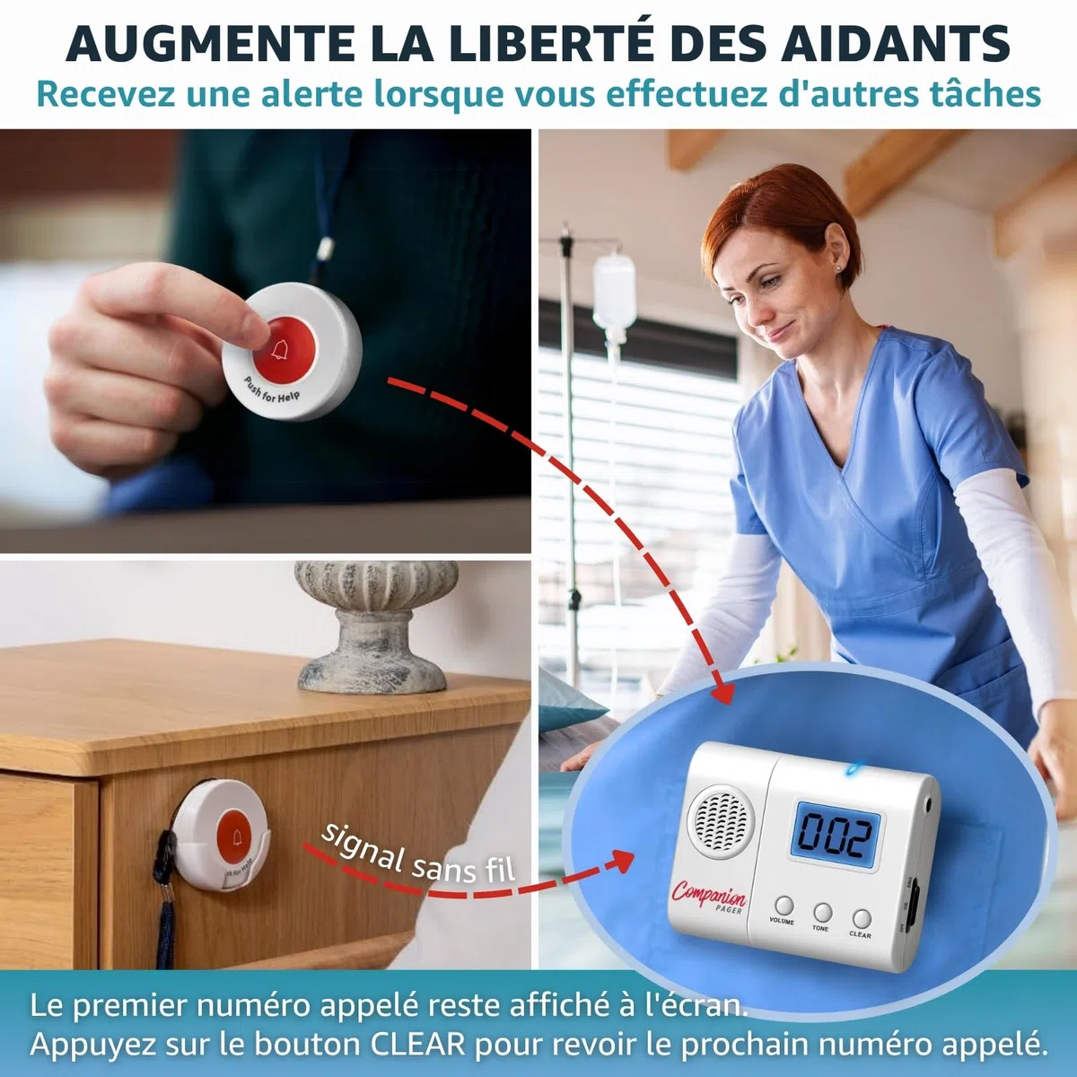 Bip aidant avec 4 Boutons d’Appel sans Fil système d’Alerte SOS Portable Alarme lit prévention des Chutes pour Personnes âgées Seniors Patients Soins à Domicile Appel infirmière
