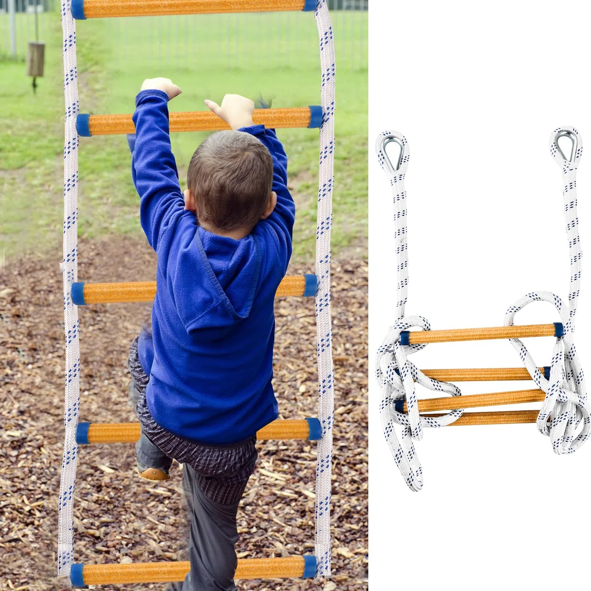 Échelle De Corde 2 m avec Crochets De Fixation | 2 m, Orange et Blanc, Barreaux 28 cm, Polypropylène, Résine, 2 Crochets, 2 Anneaux, Pliable, Portable