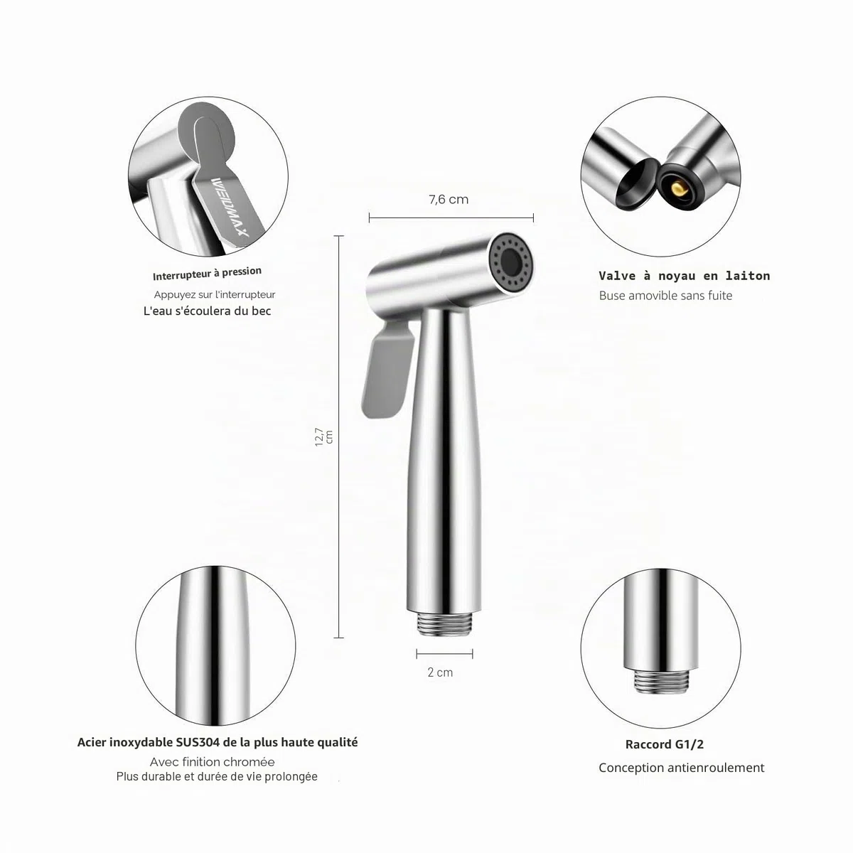 Pulvérisateur de bidet à main WEIDMAX, kit de pulvérisation en nickel brossé en acier inoxydable, nettoyant pour couches en tissu de salle de bain, buse de douche antirouille portable (G1/2''-3/8'')