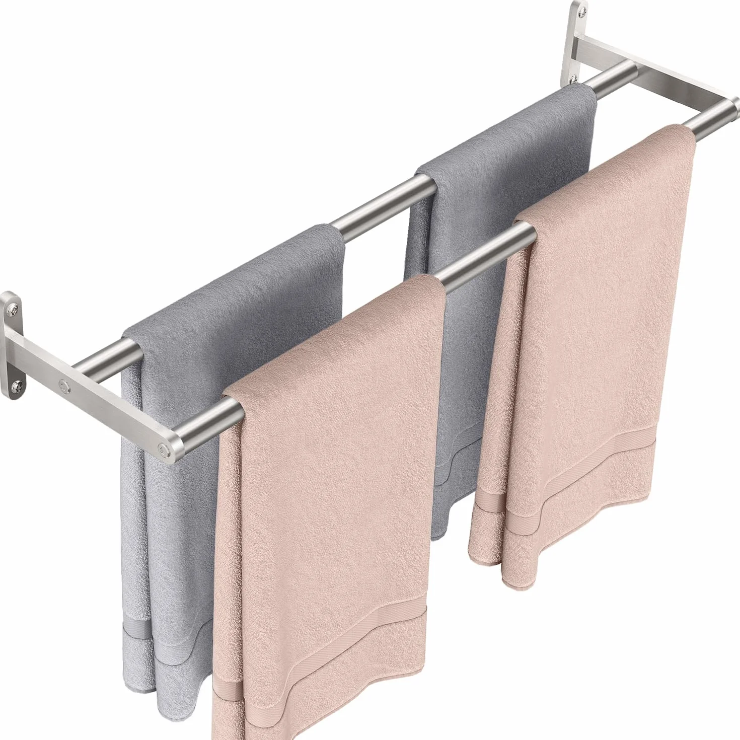 YUMORE Double Barre Porte-Serviettes de Bain 60CM Porte Serviette à Deux Bras en Acier Inoxydable Support Serviette à Fixation Murale Range Serviettes pour Salle de Bain ou Cuisine, Argent