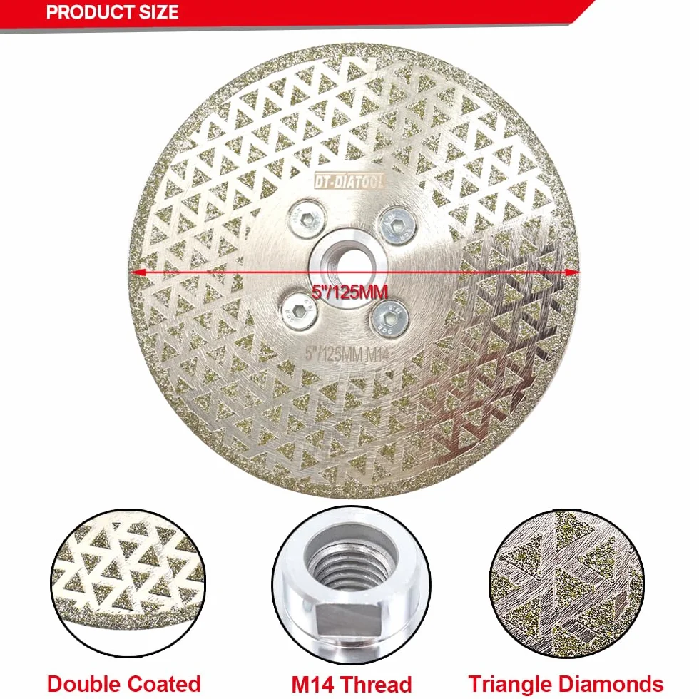 DT-DIATOOL Disque Diamanté à Tronçonner et à Meuler 125 mm x M14 Double Face Électroplaqué pour Pierre Marbre Carreaux Granit