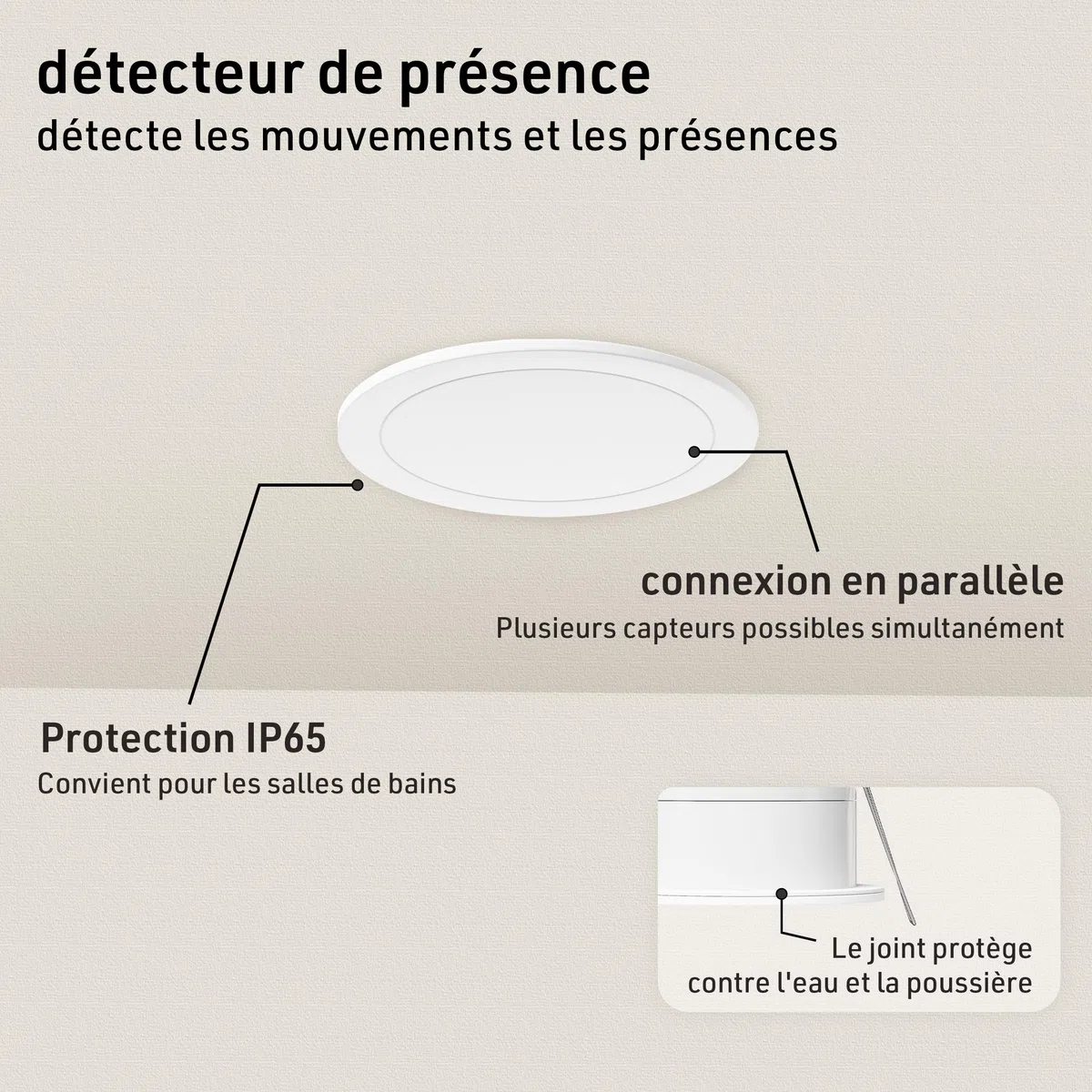 Oktaplex Noa Détecteur de présence pour montage au plafond 360 degrés 24GHz IP65 Radar détecteur de mouvement 6m capteur de présence adapté pour salle de bain encastré plat blanc 230V