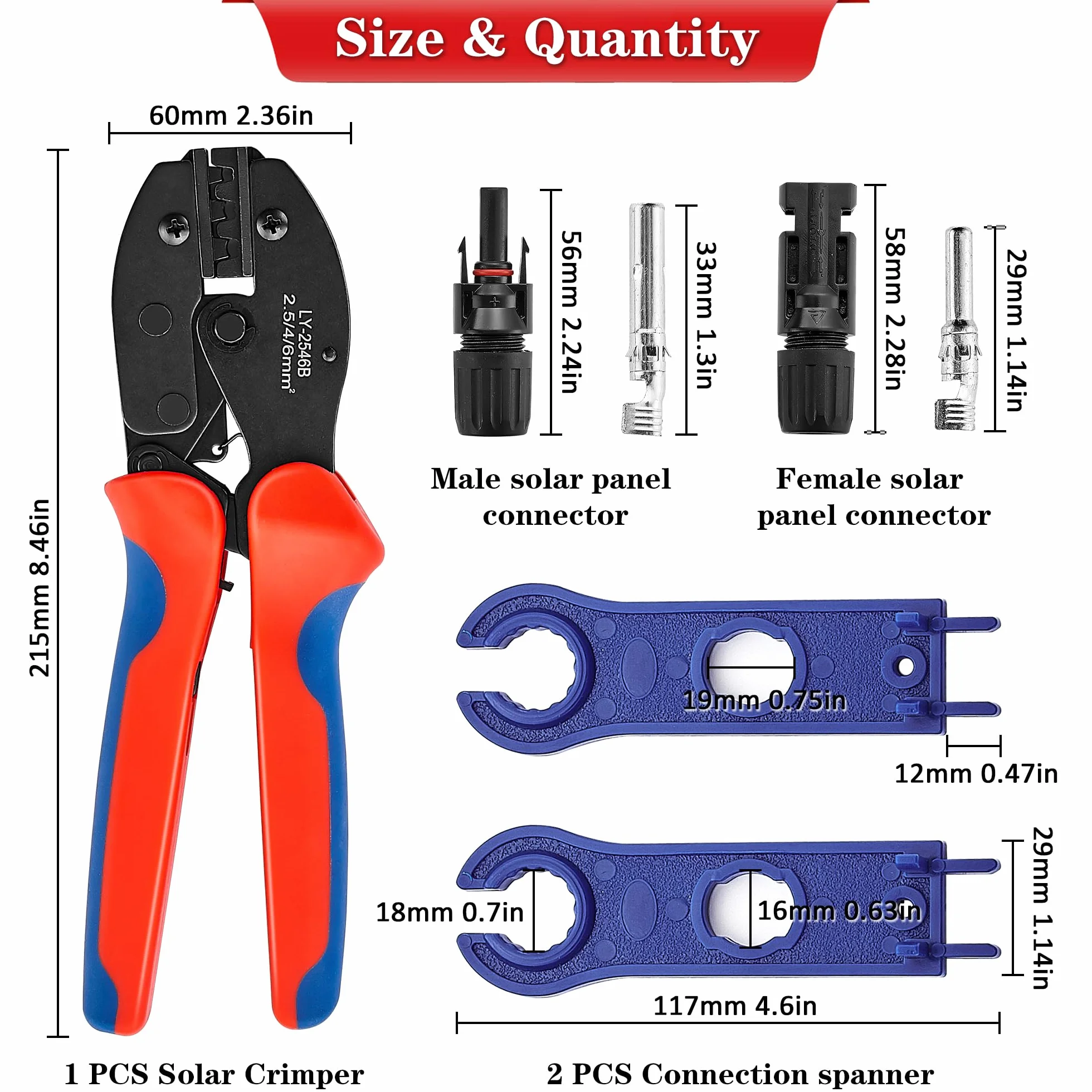 Pince à Sertir, Outils de Sertissage Solaires Pour 2,5/4/6 mm² Solaire Cable avec 10 Paires de Connecteurs Solaires, Pince a Sertir, 2 Clés, pour l'assemblage des Câbles des Panneaux Solaires