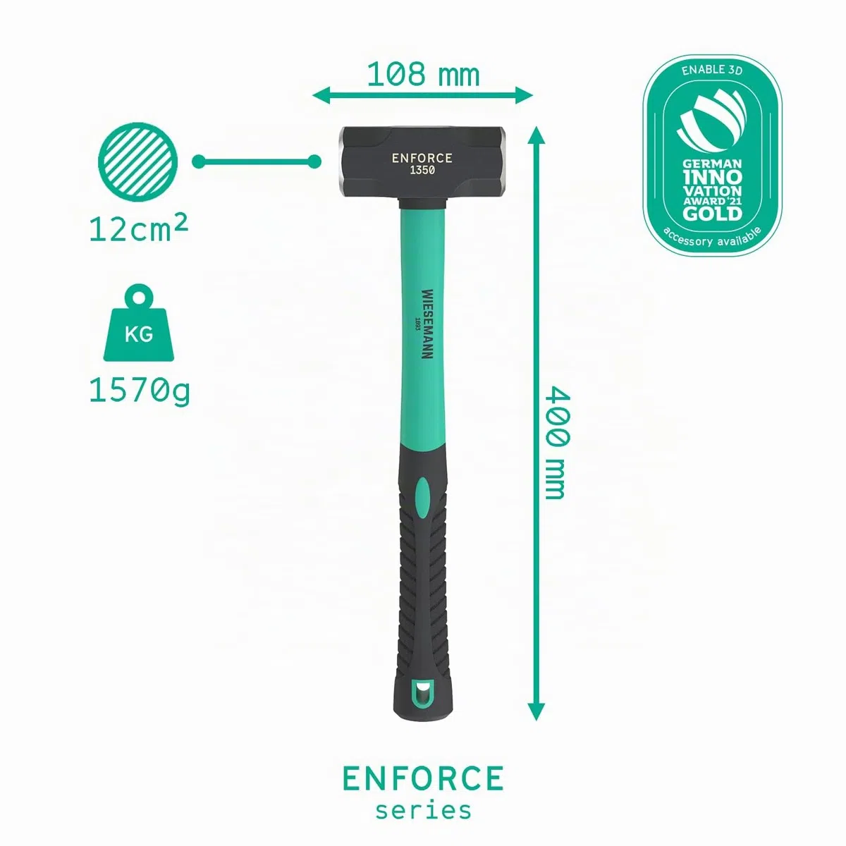 Massette très longue 3LB (1,3 kg) avec manche en fibre de verre 2K par WIESEMANN 1893 | gamme ENFORCE | tête forgée et trempée par induction | 80478