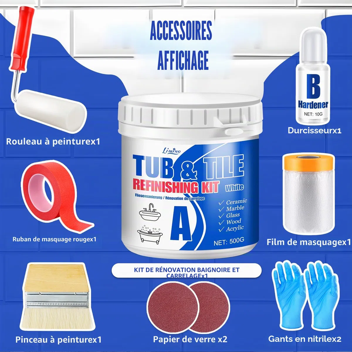 Kit de Rénovation de Baignoire et Carrelage - Peinture pour Carrelage Blanc Satiné avec Outils pour Baignoire, Lavabo, Plan de Travail pour Salle de Bain et Cuisine, Céramique, Porcelaine (500g)