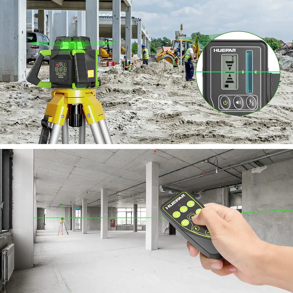 Huepar Niveau Laser Rotatif 800M+Points d'Aplomb,Kit Vert Laser Rotatif Horizontal/Vertical Auto-Nivellement Angle Balayage 0-180° avec Lunettes, Récepteur, Plaque Cible, Télécommande, Batterie Li-ion