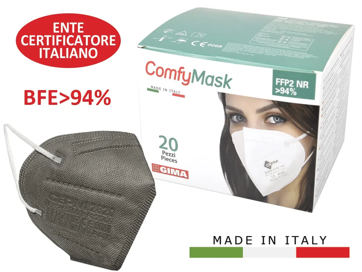 Gima CEPM Comfymask Masque Filtrant FFP2 NR, Fabriqué en Italie, 5 couches, Couleur Gris Clair, Barrette Nasale Conformable, avec élastiques, certifié EPI, 20 Masque dans des sachets de 2 pièces