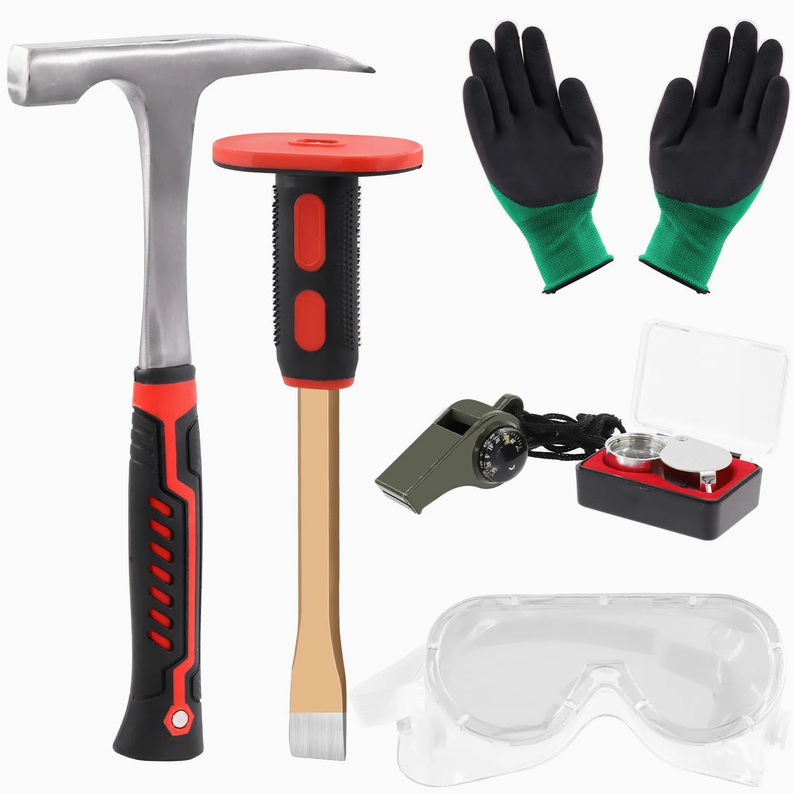 Tanstic Kit de géologie 6 pièces, marteau 850,5 g, burin 30,5 cm, sifflet, lunettes de sécurité, loupe bijoutier, gants